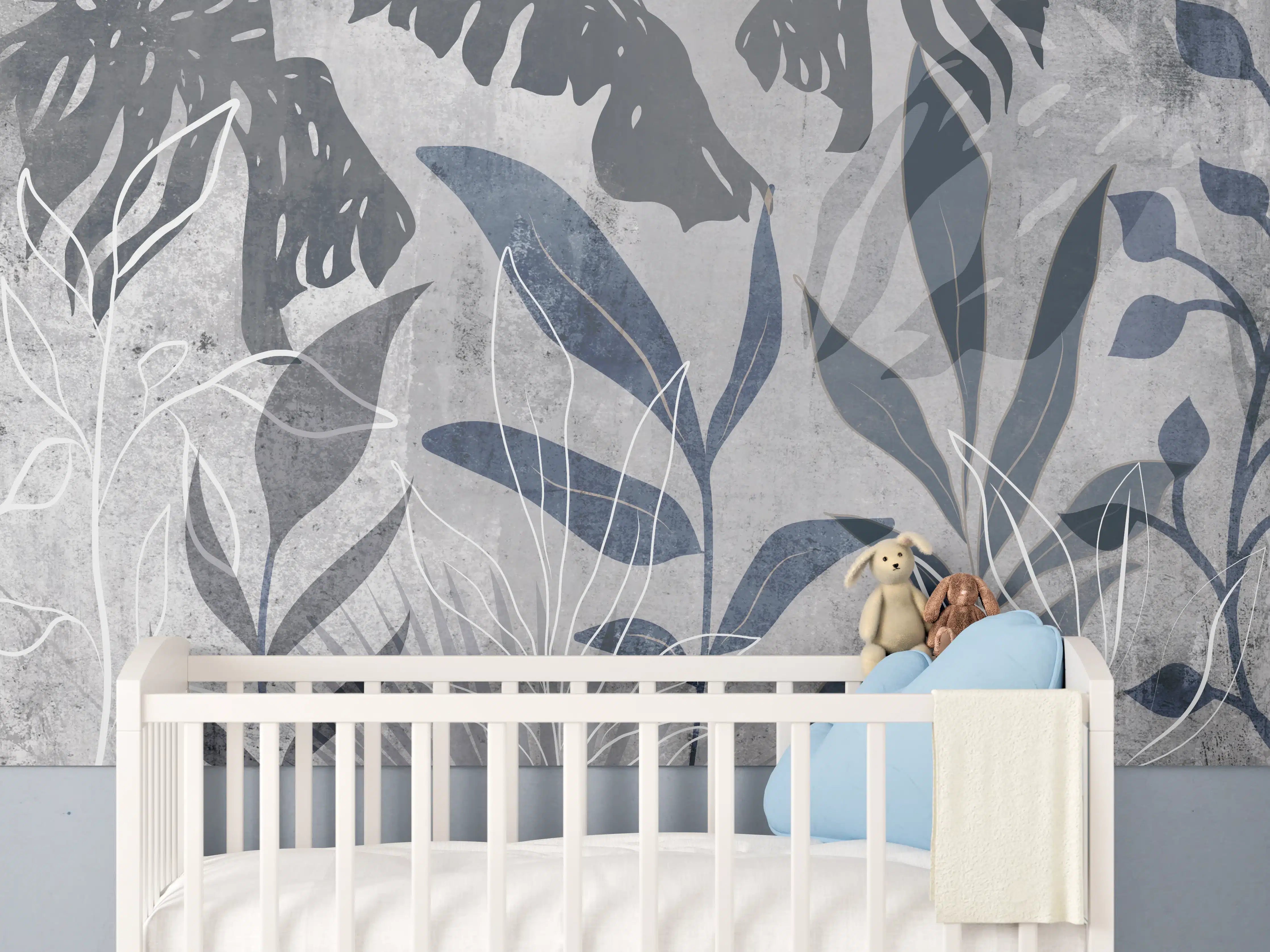 Babyzimmer Wandgestaltung - Moderne Botanik Grau-Weiß