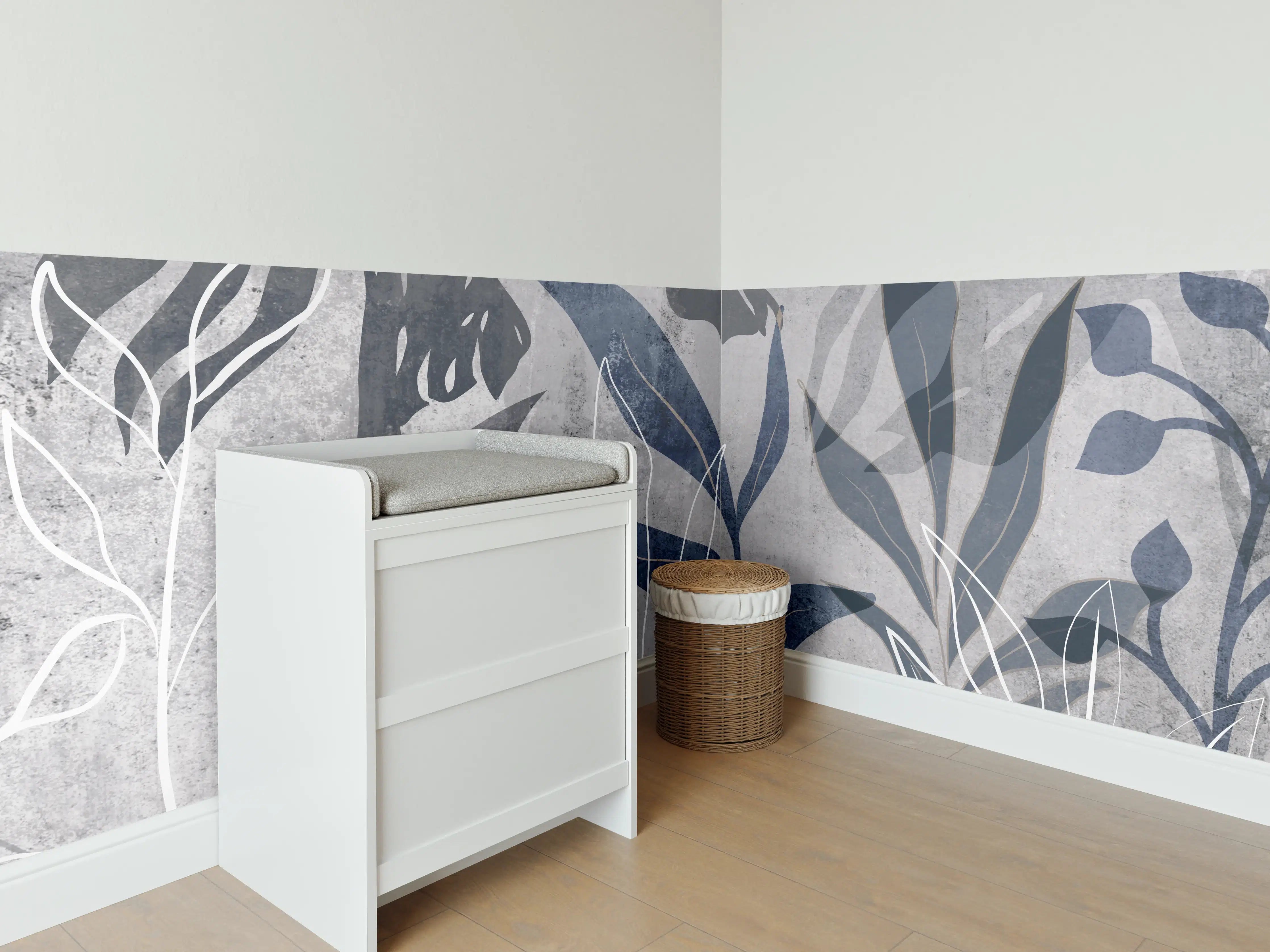 Babyzimmer Wandgestaltung - Moderne Botanik Grau-Weiß