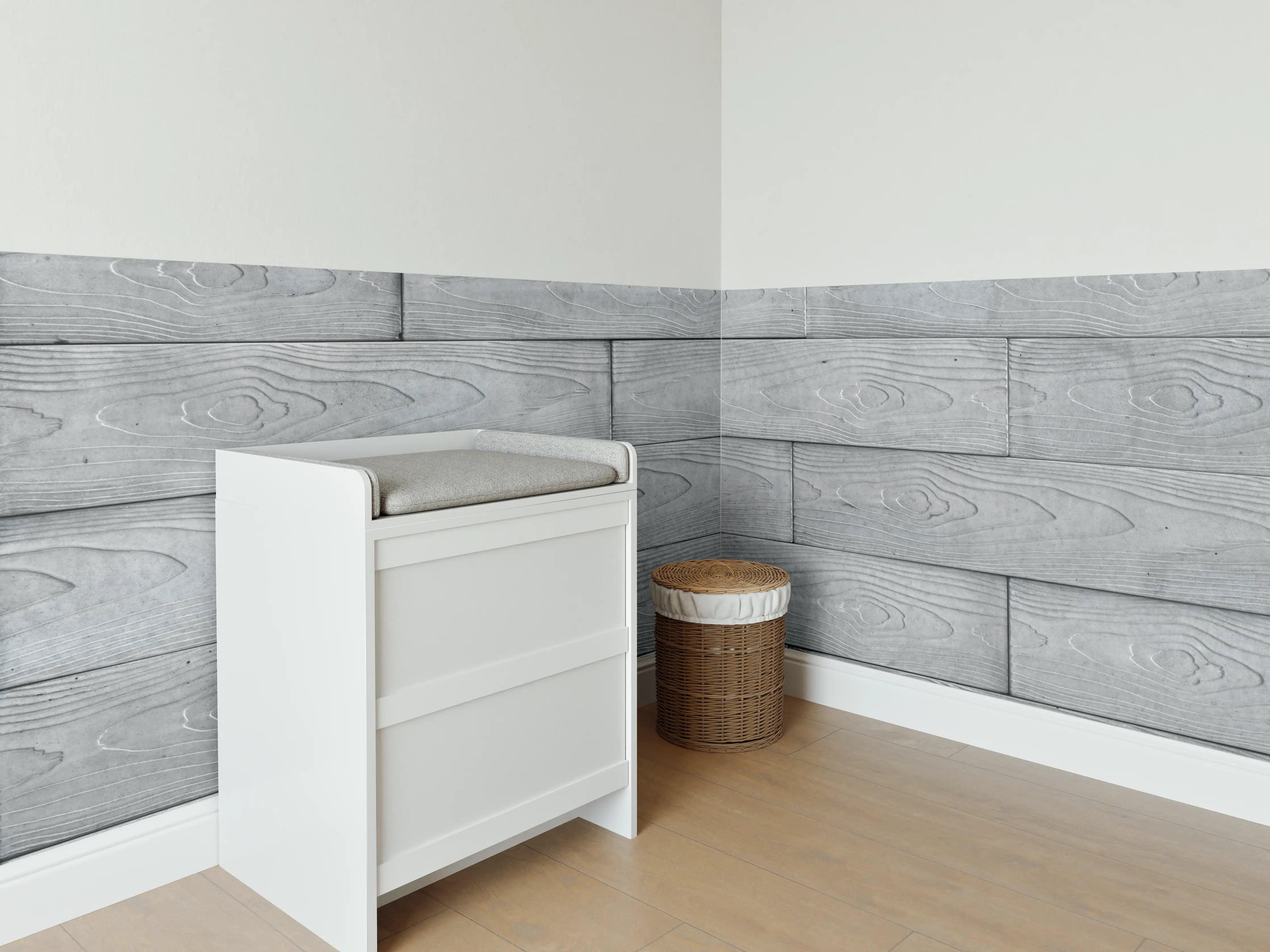 Babyzimmer Wandgestaltung - Moderne Grau-Weiße Holztextur