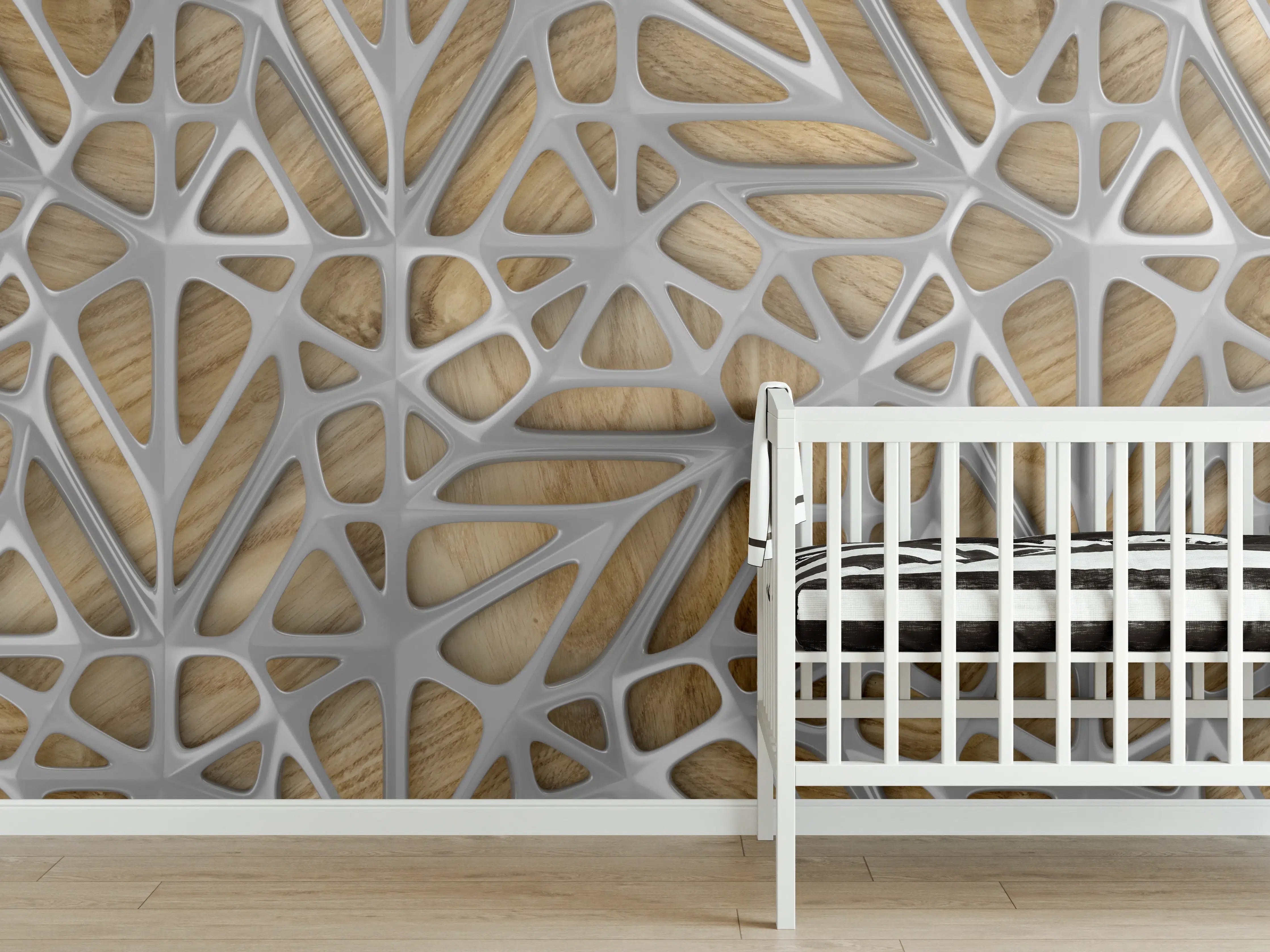 Babyzimmer Wandgestaltung - Moderne Holzdekor mit filigranen Mustern in Grau