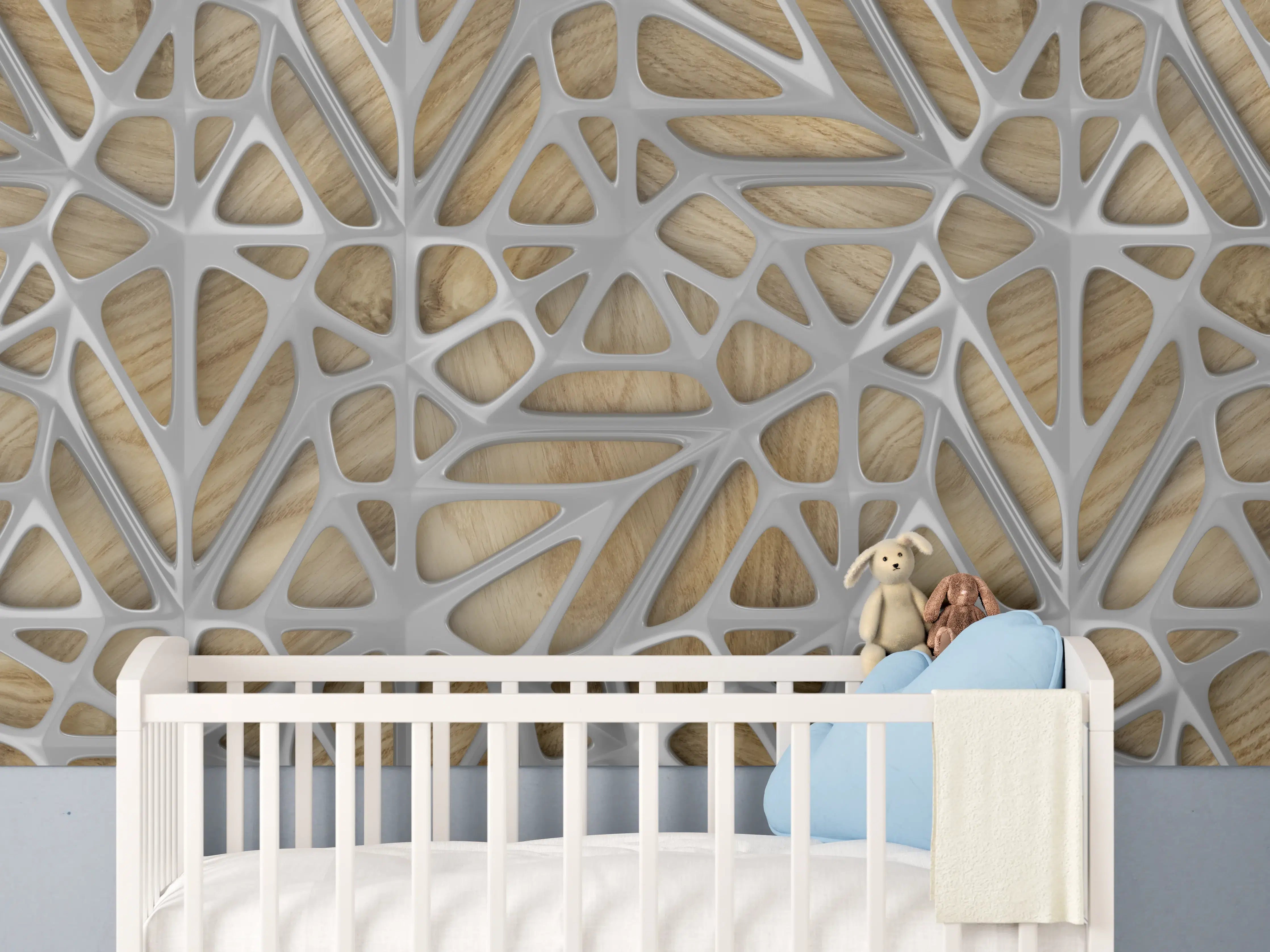 Babyzimmer Wandgestaltung - Moderne Holzdekor mit filigranen Mustern in Grau