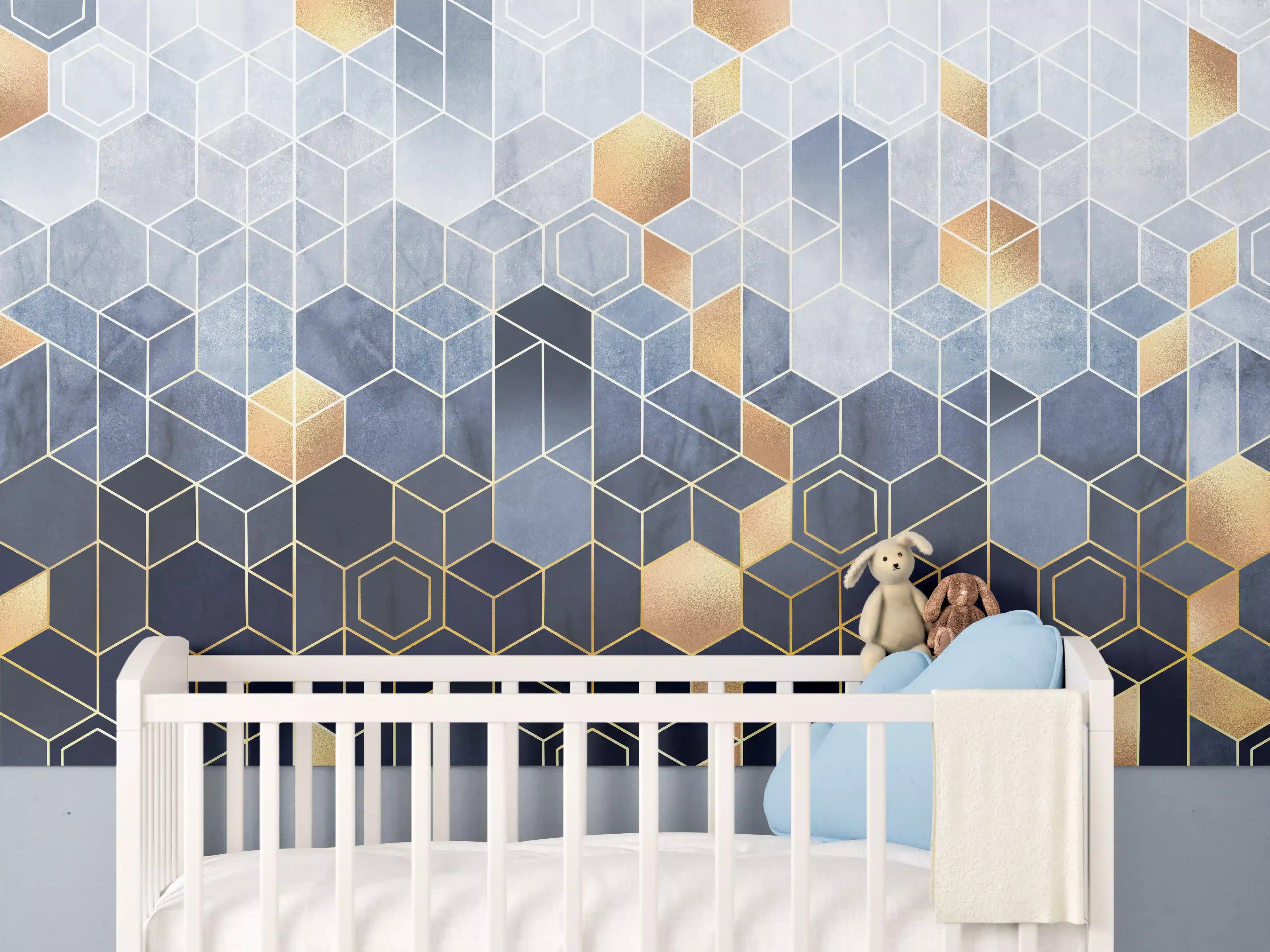 Babyzimmer Wandgestaltung - Moderne geometrische Wandgestaltung in Blau, Grau und Gold