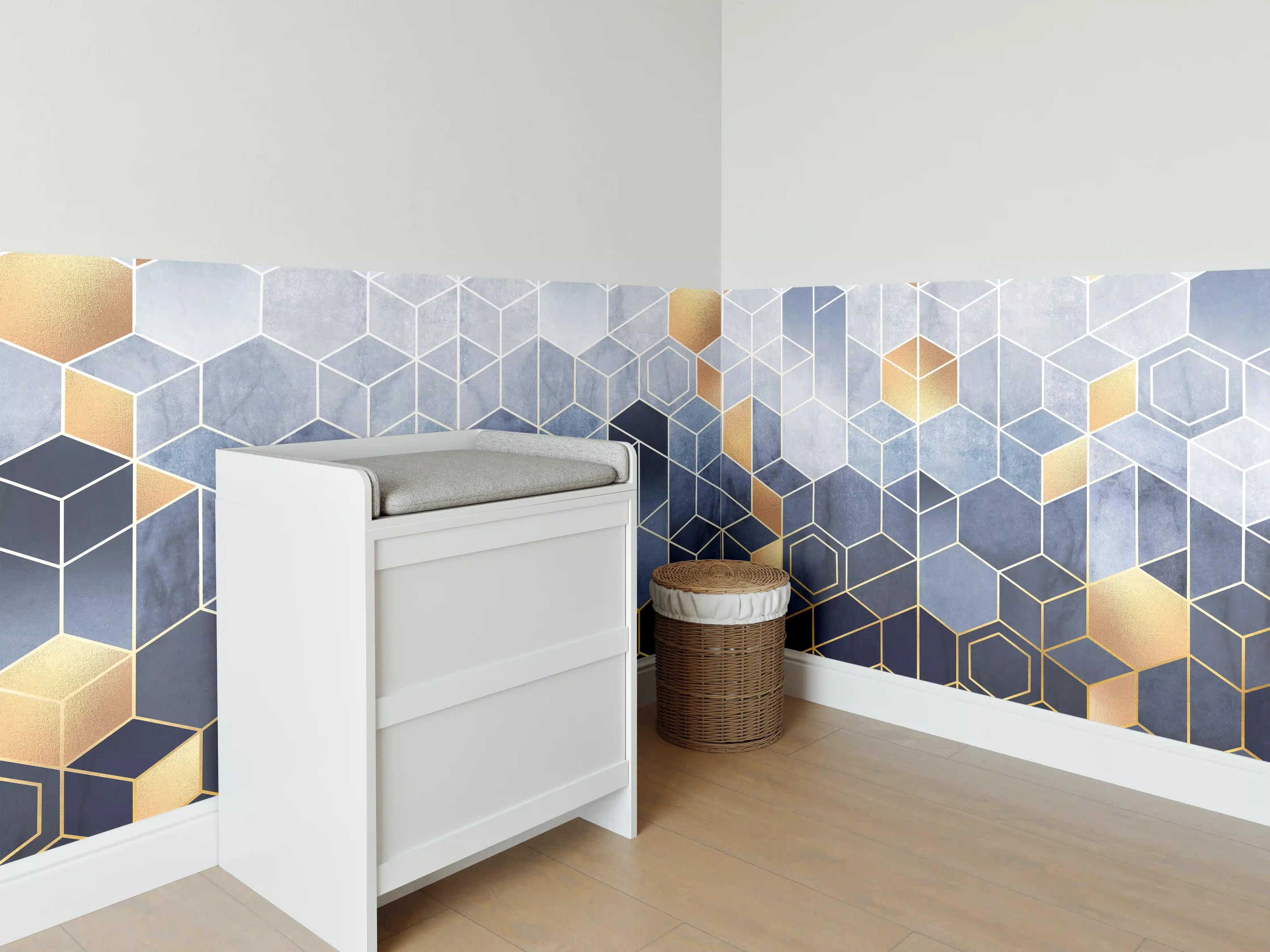 Babyzimmer Wandgestaltung - Moderne geometrische Wandgestaltung in Blau, Grau und Gold