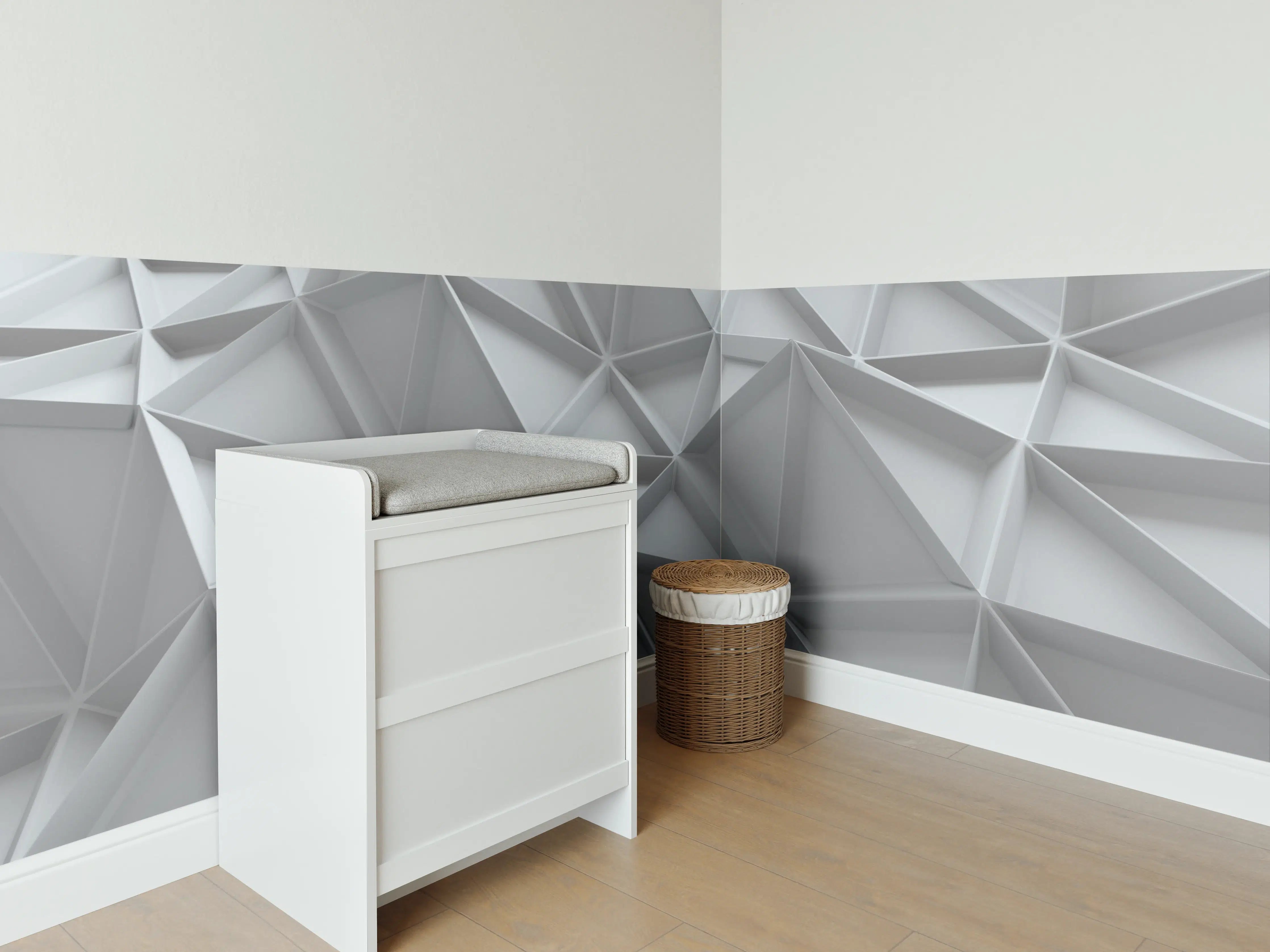 Babyzimmer Wandgestaltung - Moderne weiße 3D-Wandgestaltung mit geometrischen Mustern