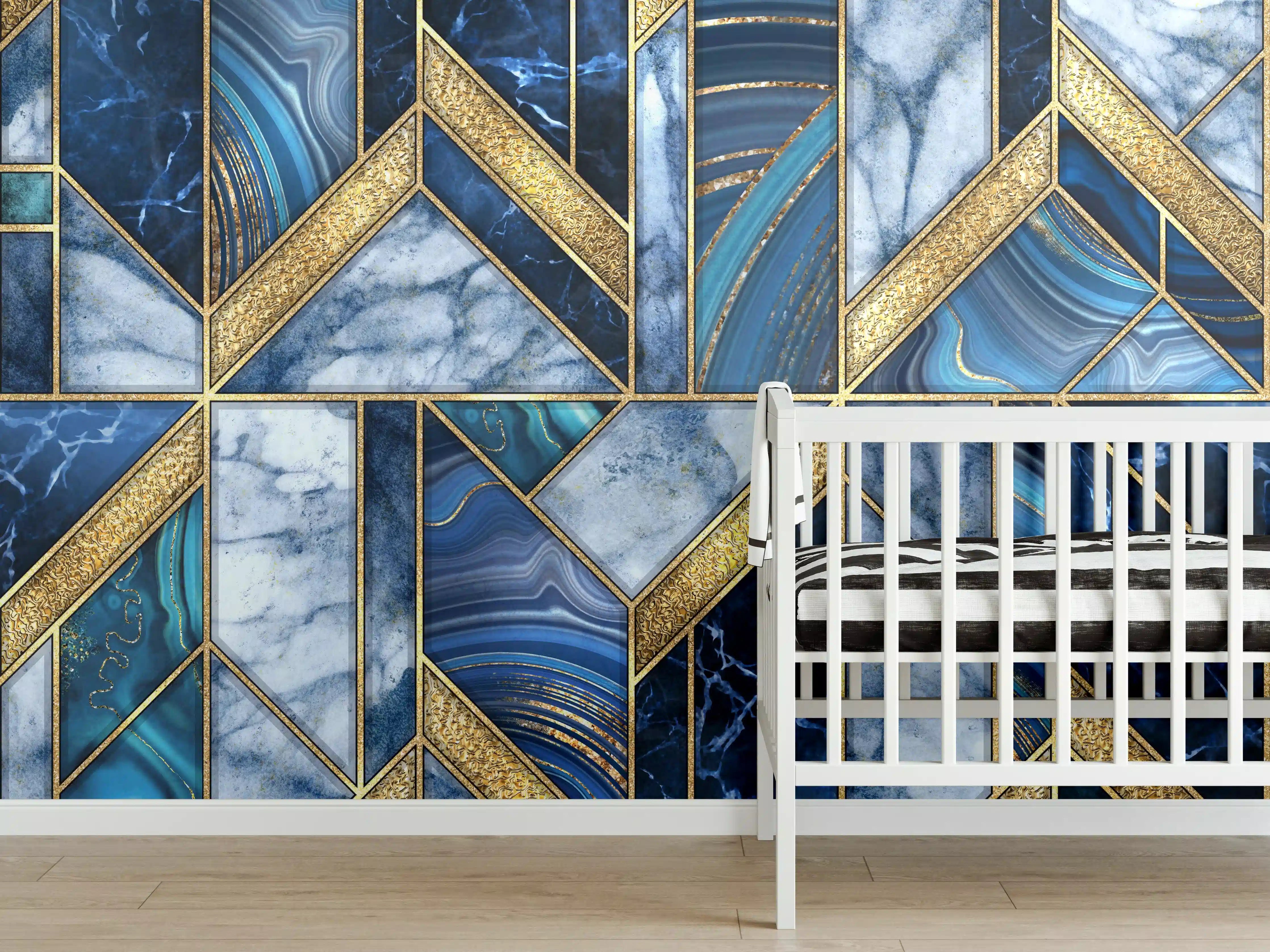 Babyzimmer Wandgestaltung - Modernes Blau-Gold Mosaik