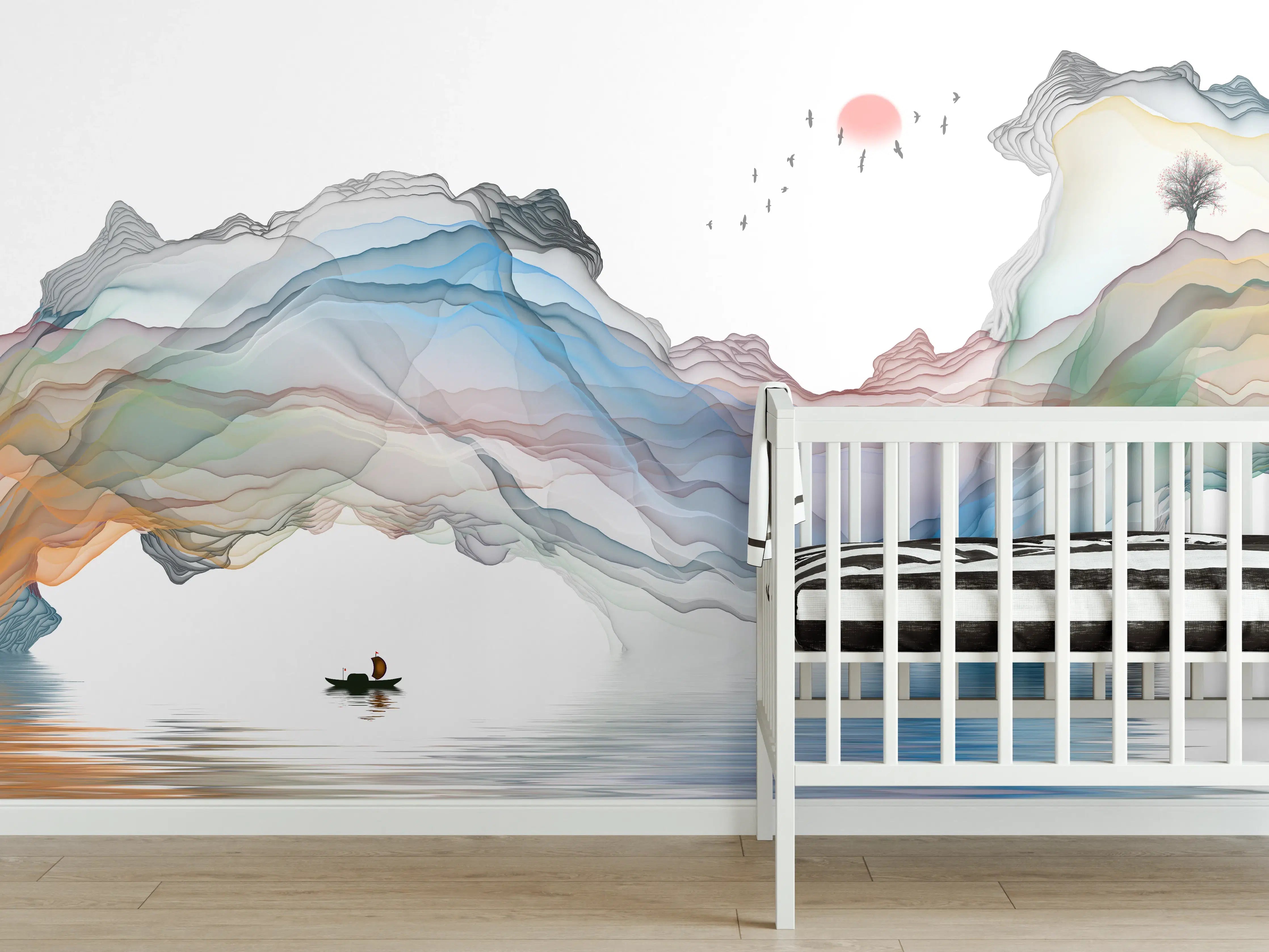 Babyzimmer Wandgestaltung - Modernes Wasserfarben Gemälde Boot Vögel See
