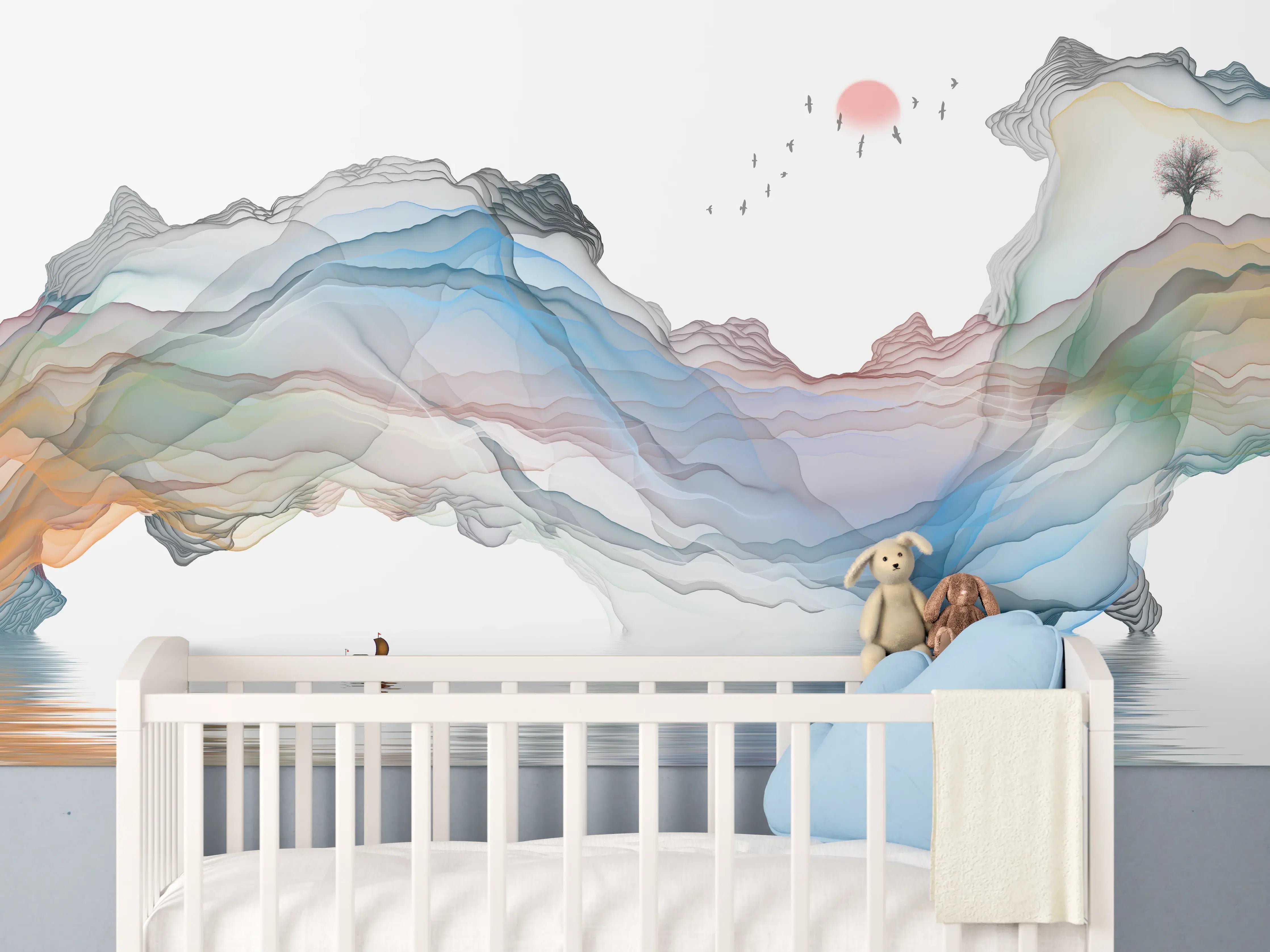 Babyzimmer Wandgestaltung - Modernes Wasserfarben Gemälde Boot Vögel See
