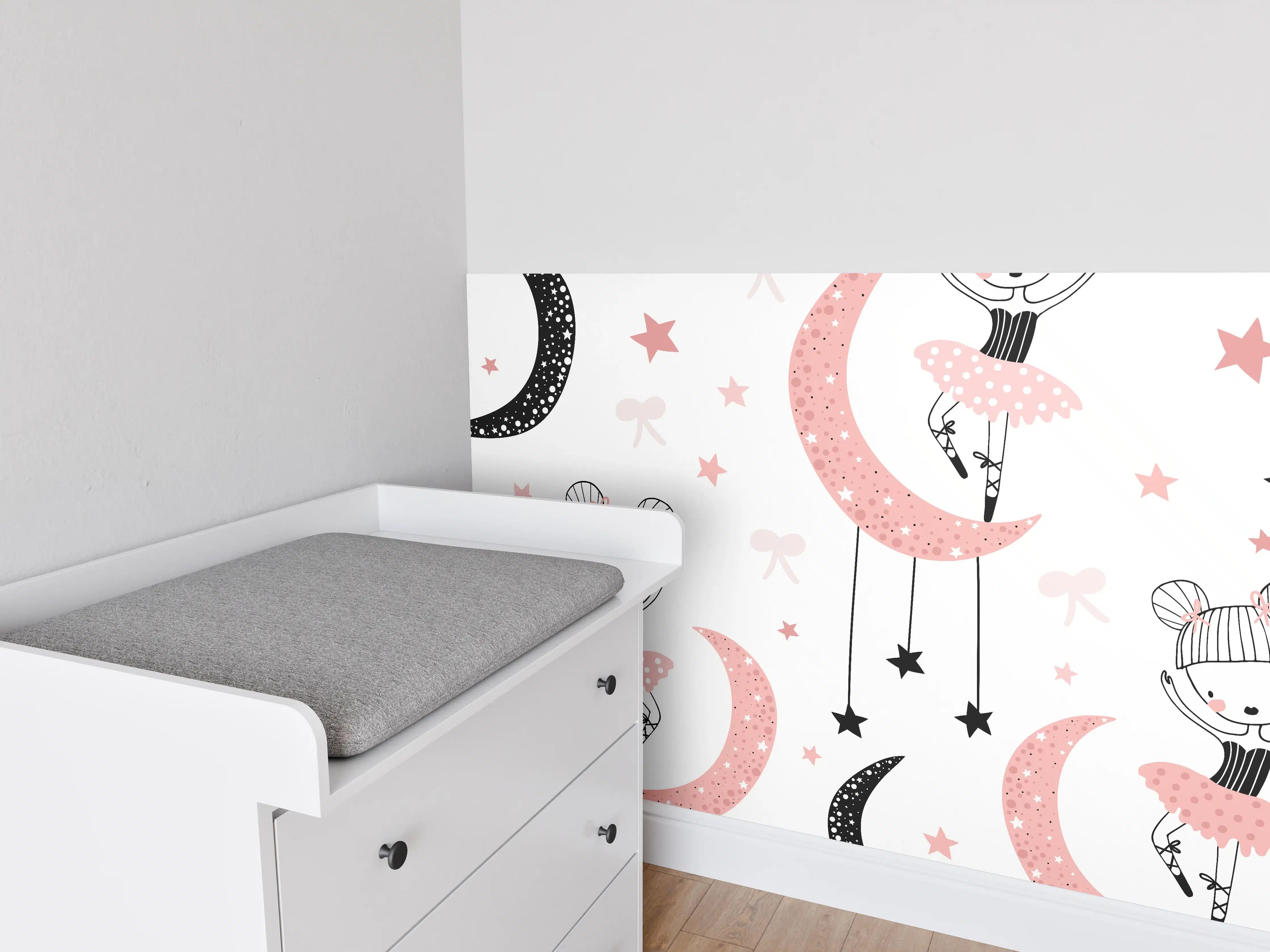 Babyzimmer Wandgestaltung - Mond Tanzende Mädchen Schwarz Weiß