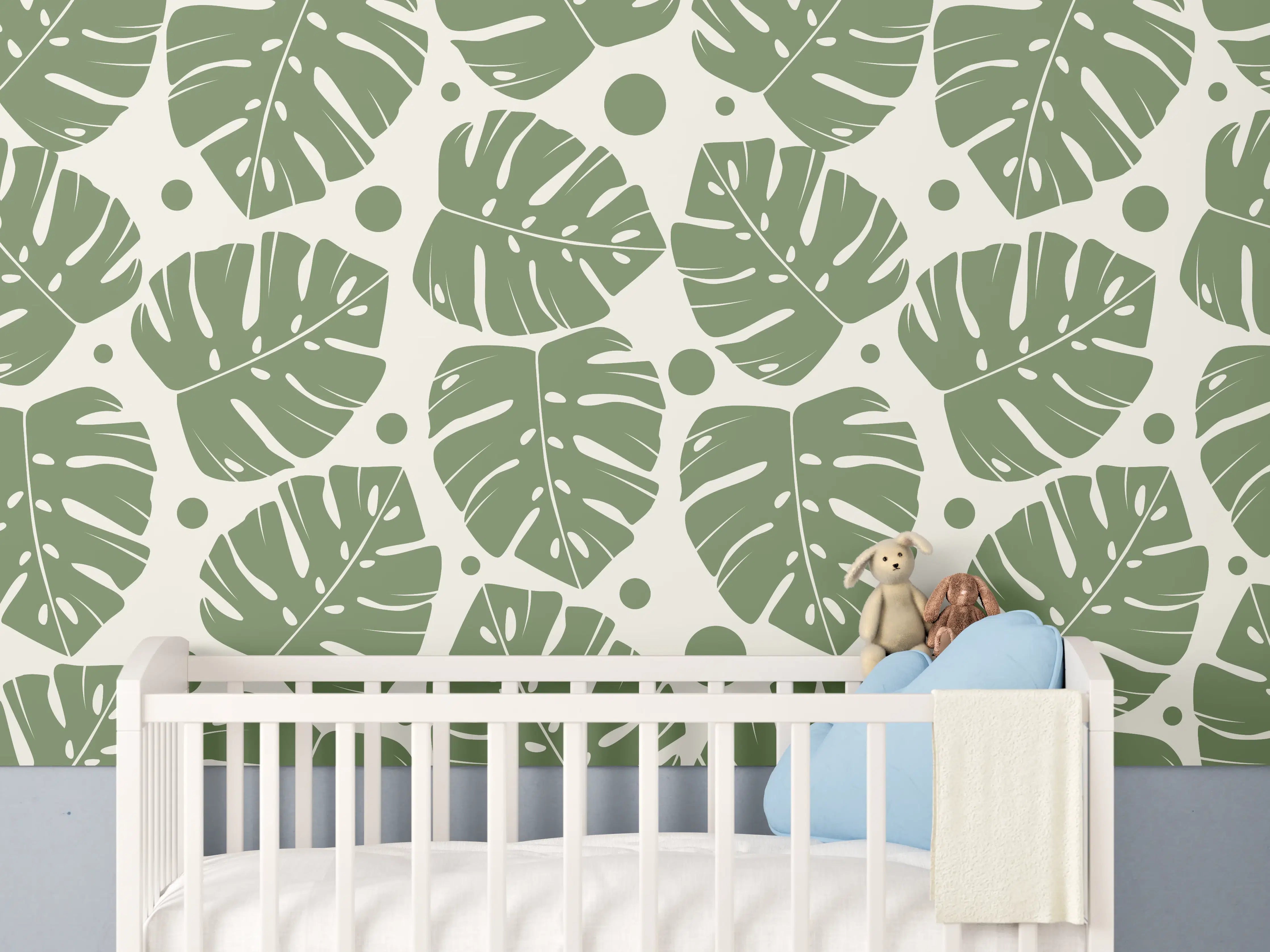 Babyzimmer Wandgestaltung - Monstera-Blätter Cremegrün