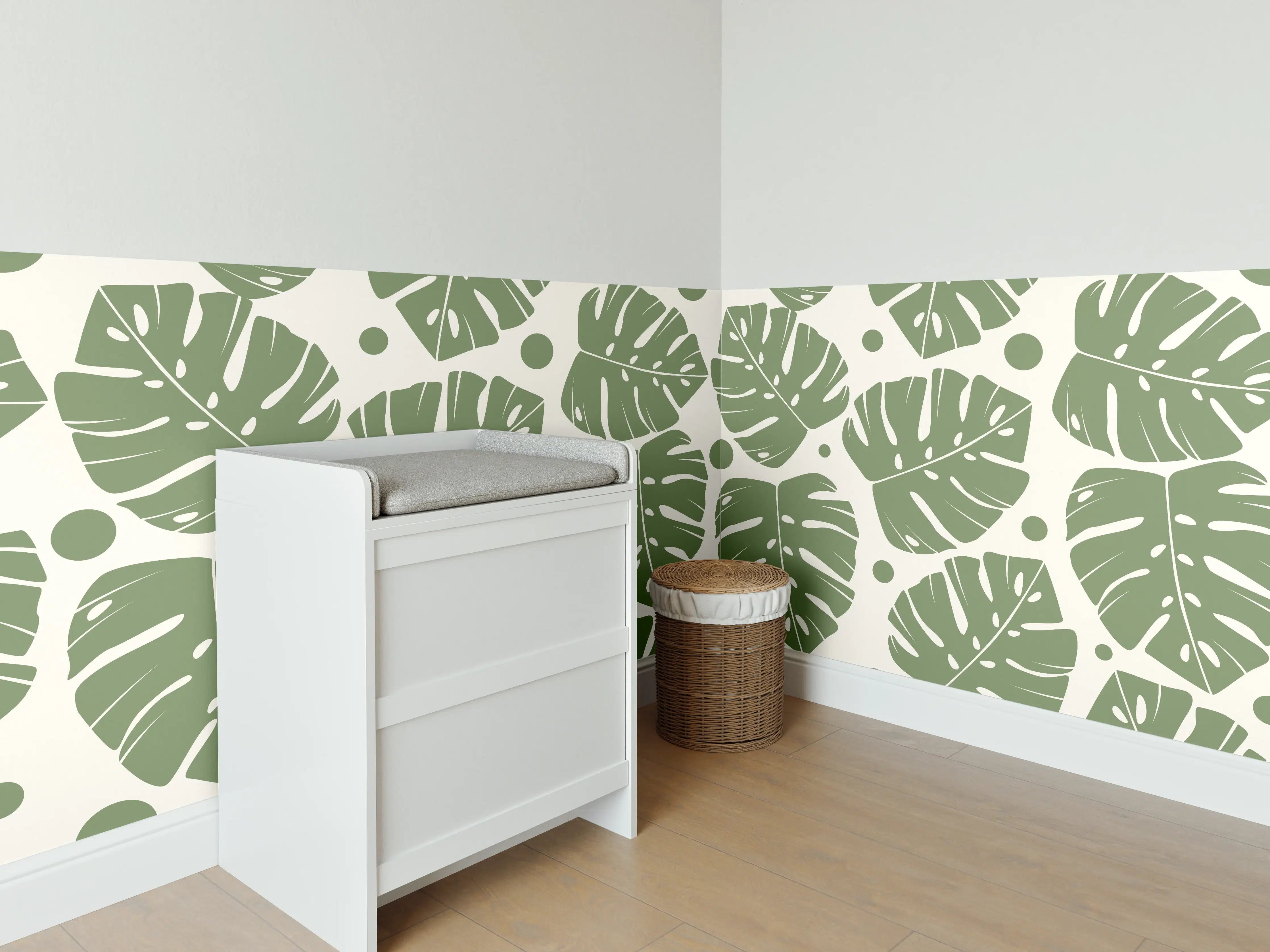 Babyzimmer Wandgestaltung - Monstera-Blätter Cremegrün