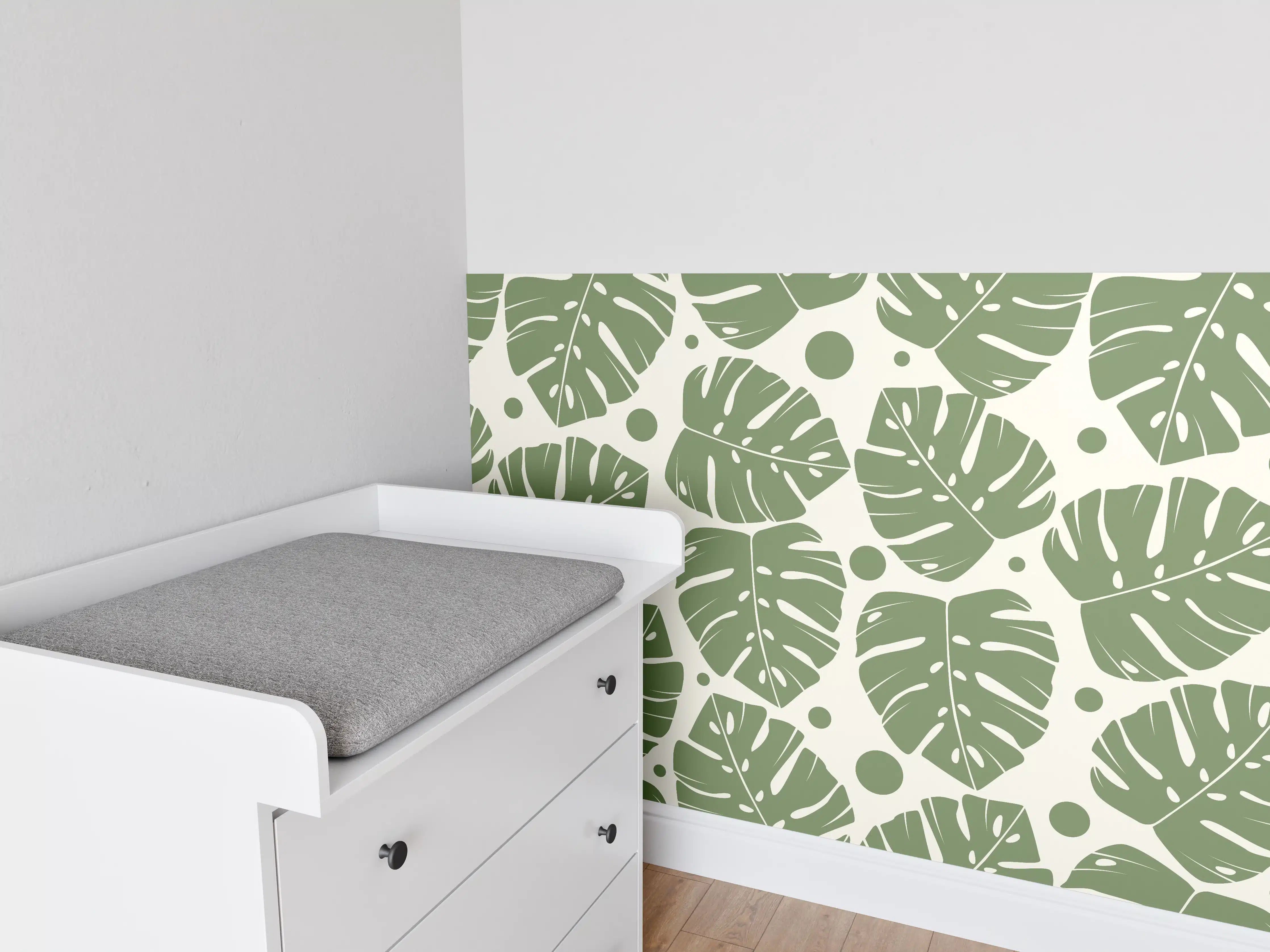 Babyzimmer Wandgestaltung - Monstera-Blätter Cremegrün