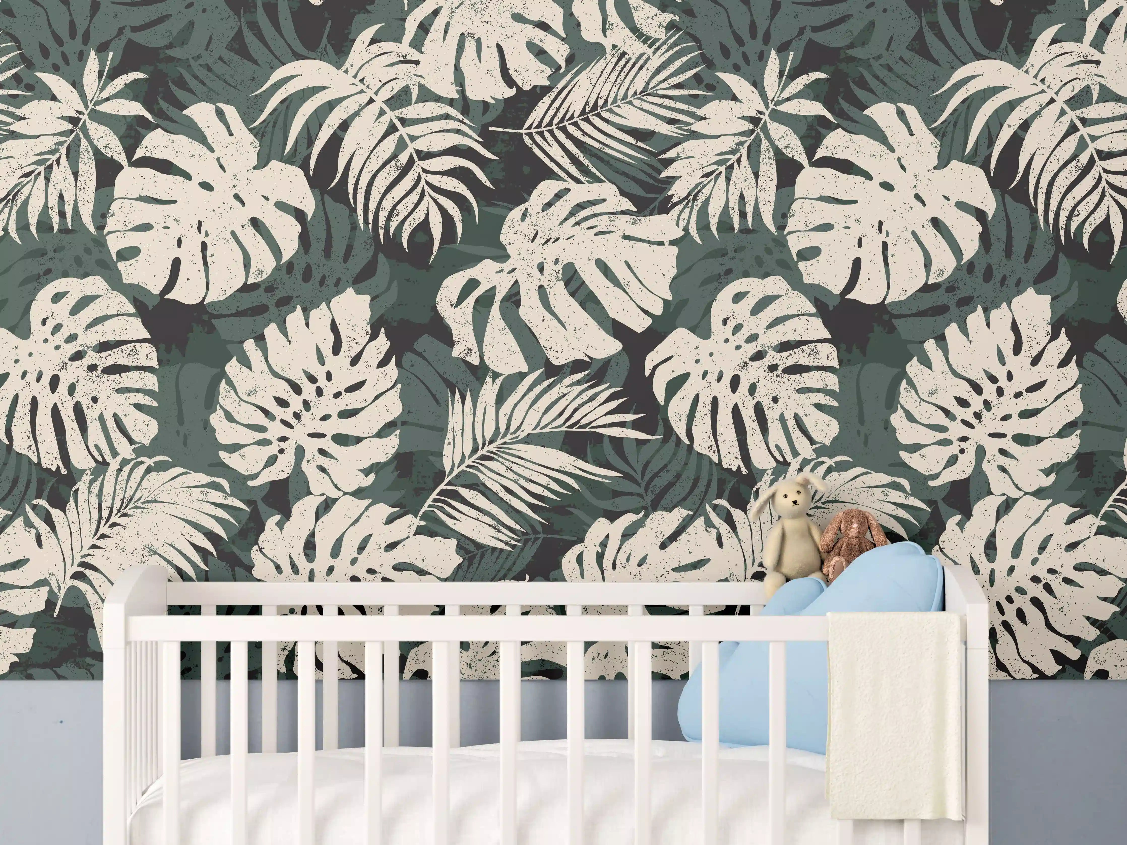 Babyzimmer Wandgestaltung - Monstera Blattmuster Grün-Beige