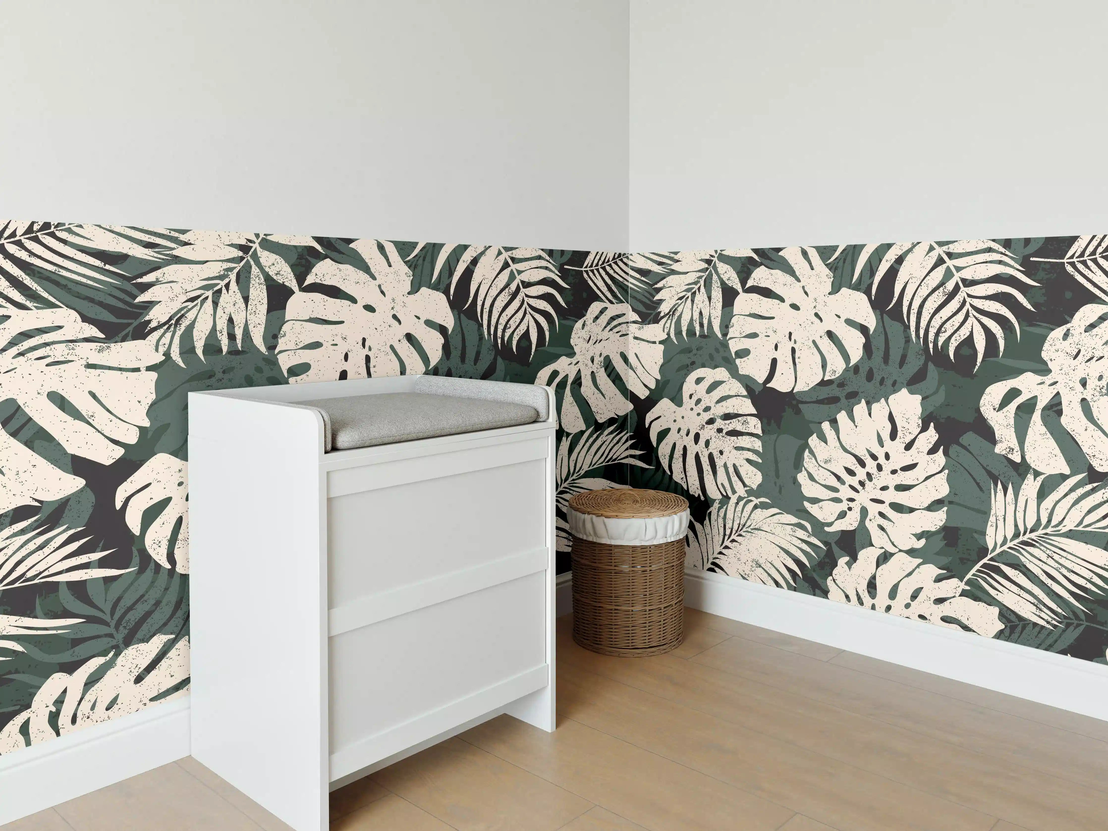 Babyzimmer Wandgestaltung - Monstera Blattmuster Grün-Beige