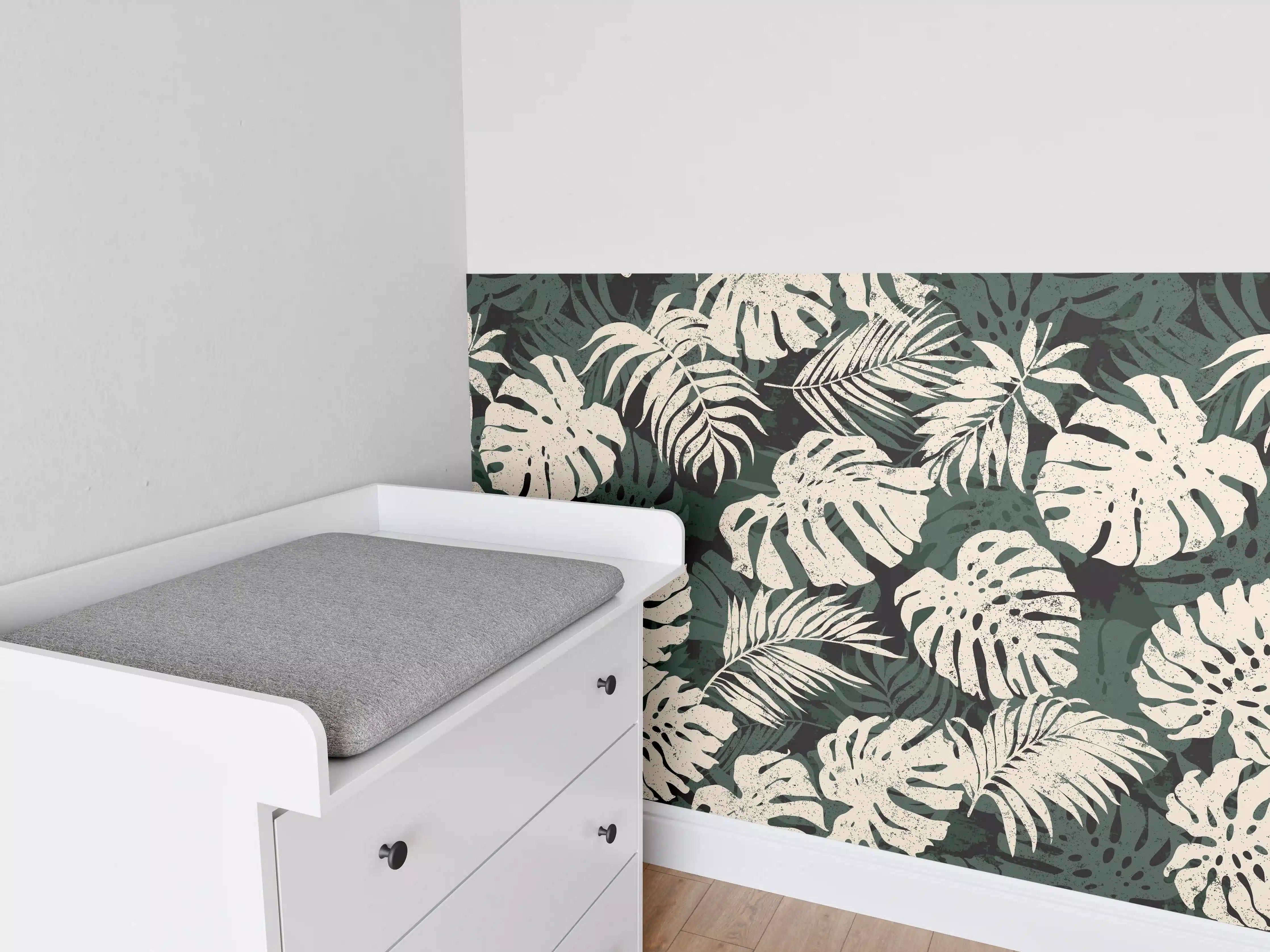 Babyzimmer Wandgestaltung - Monstera Blattmuster Grün-Beige