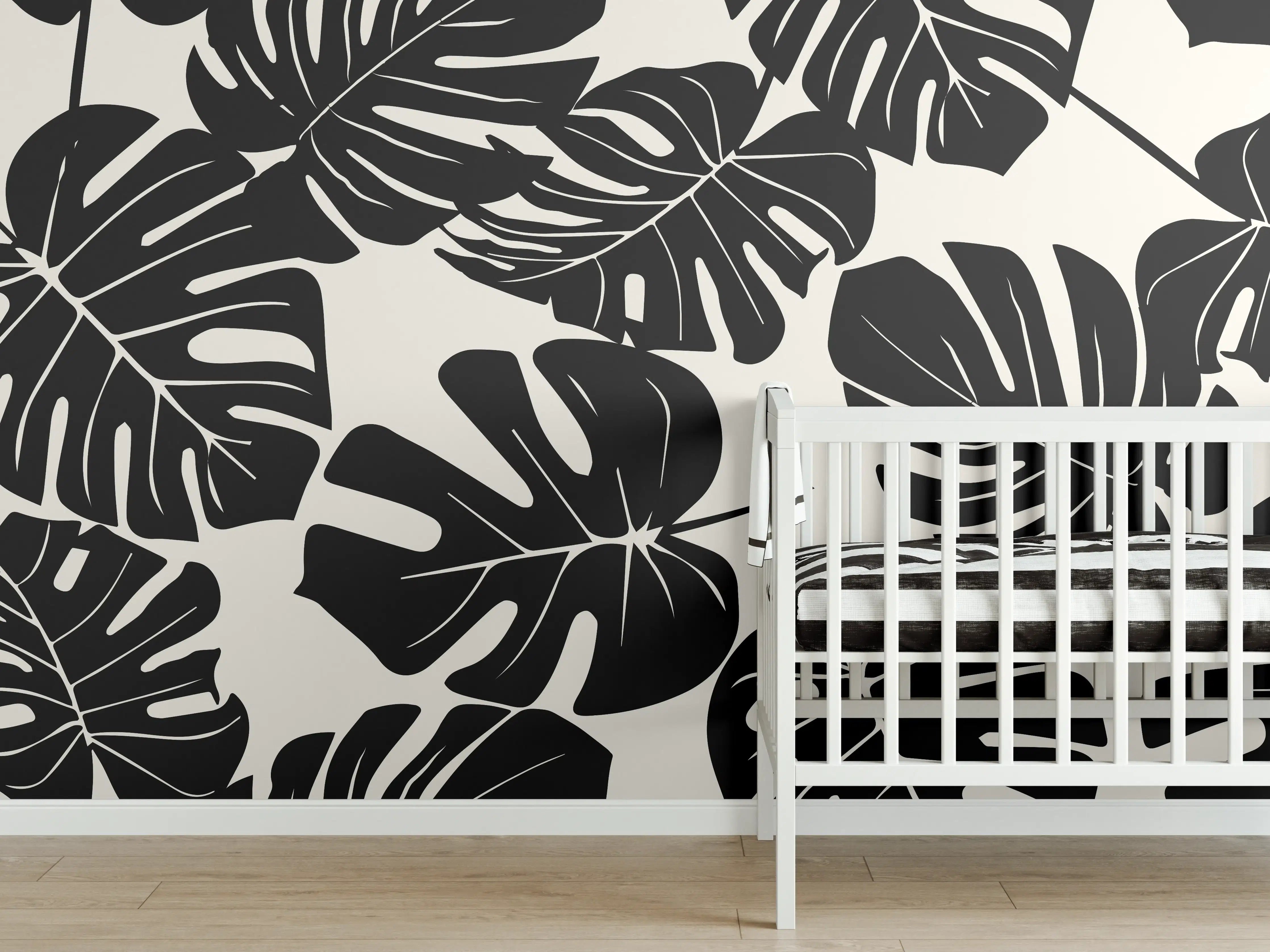 Babyzimmer Wandgestaltung - Monstera Schwarz-Beige Muster