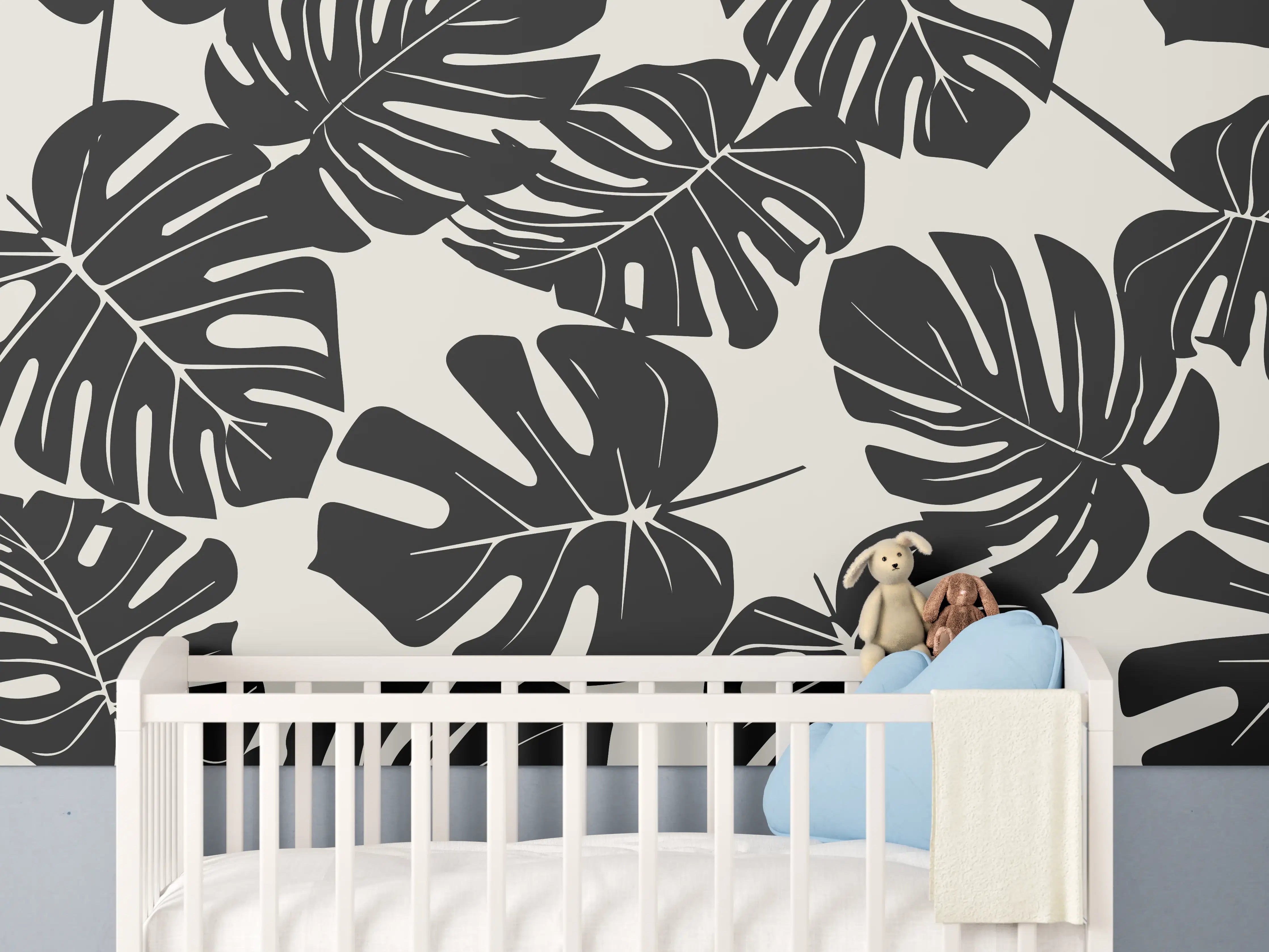 Babyzimmer Wandgestaltung - Monstera Schwarz-Beige Muster