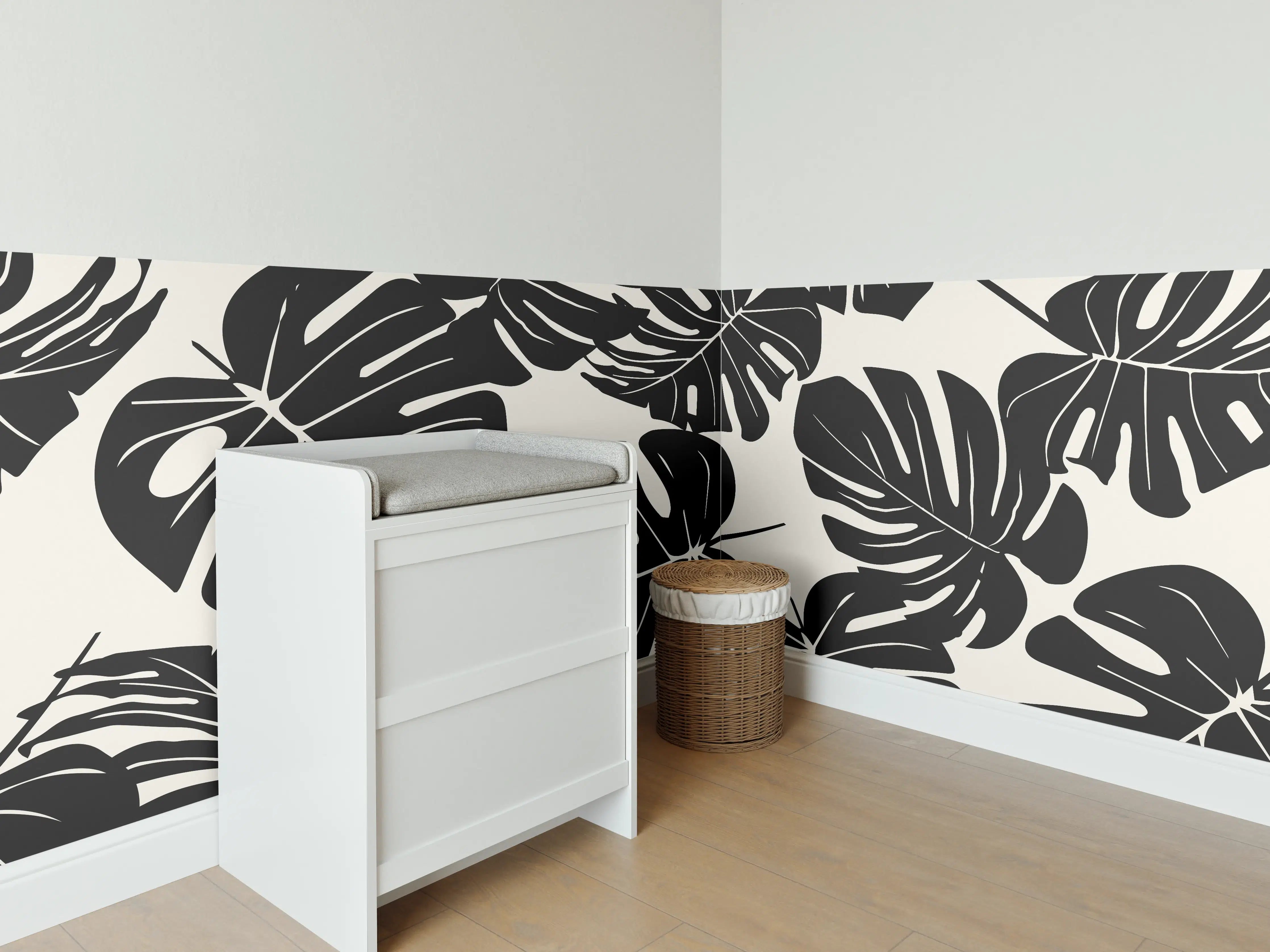Babyzimmer Wandgestaltung - Monstera Schwarz-Beige Muster