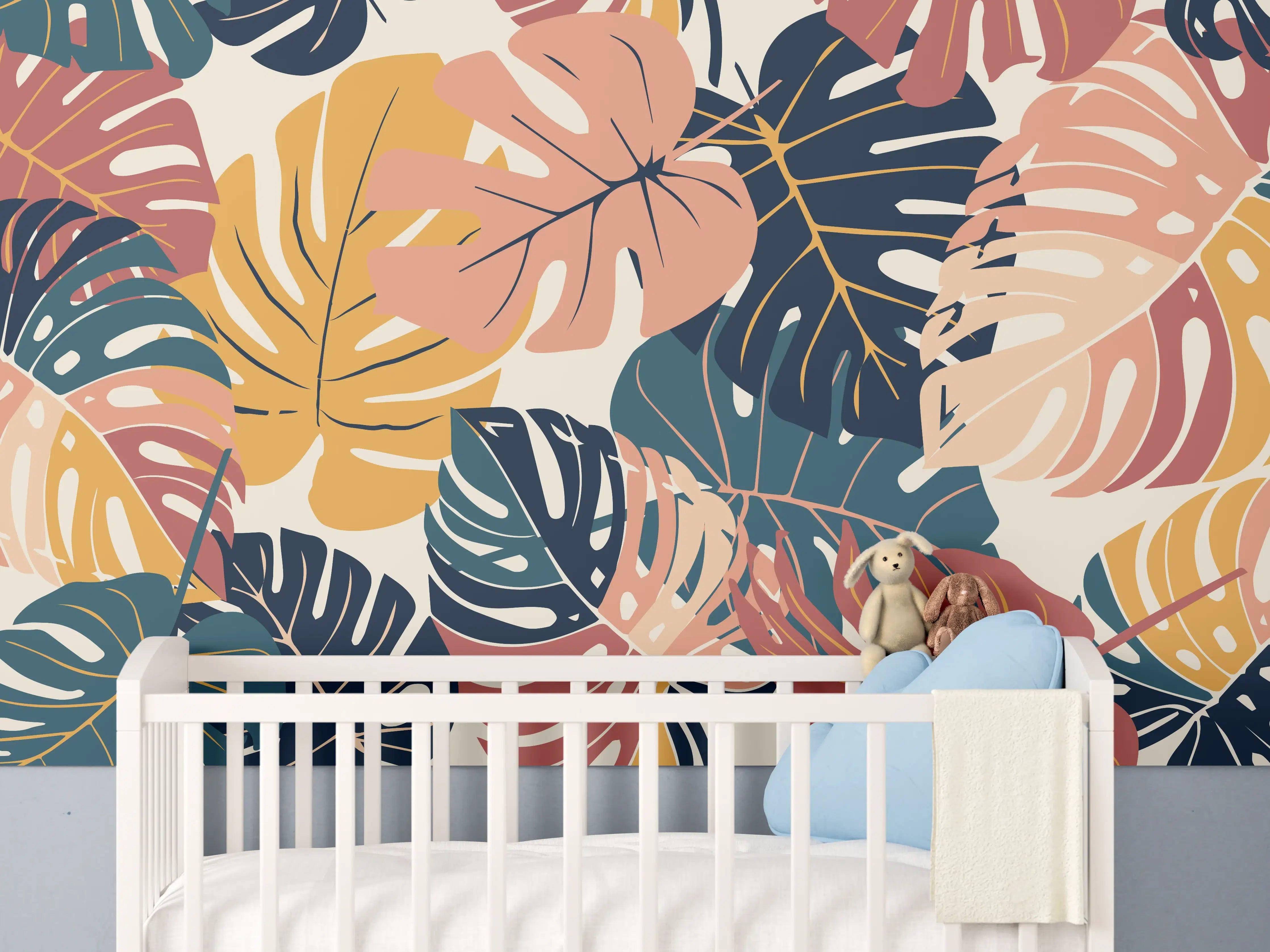 Babyzimmer Wandgestaltung - Monstera Tropic Koralle Türkis