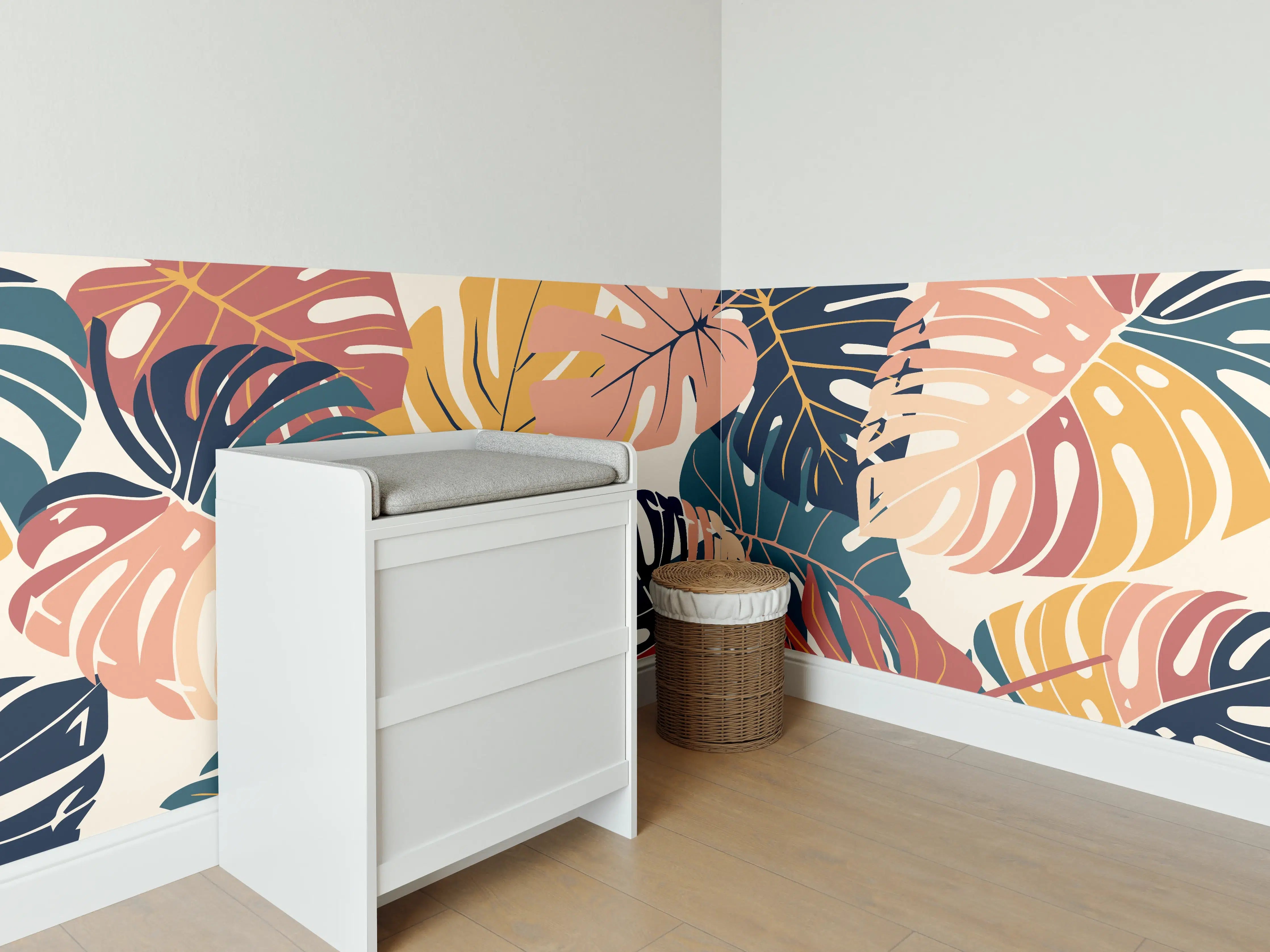 Babyzimmer Wandgestaltung - Monstera Tropic Koralle Türkis