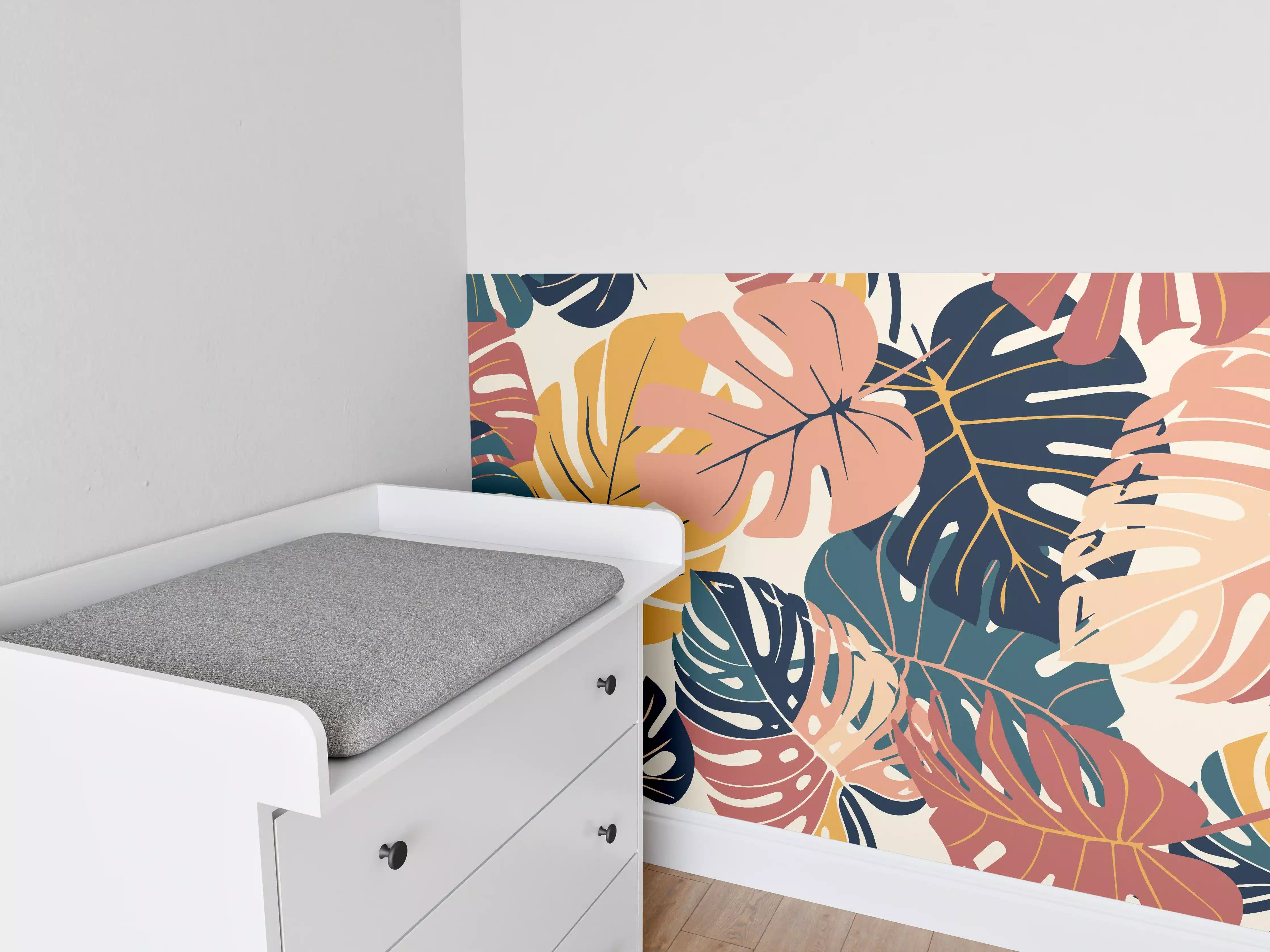 Babyzimmer Wandgestaltung - Monstera Tropic Koralle Türkis