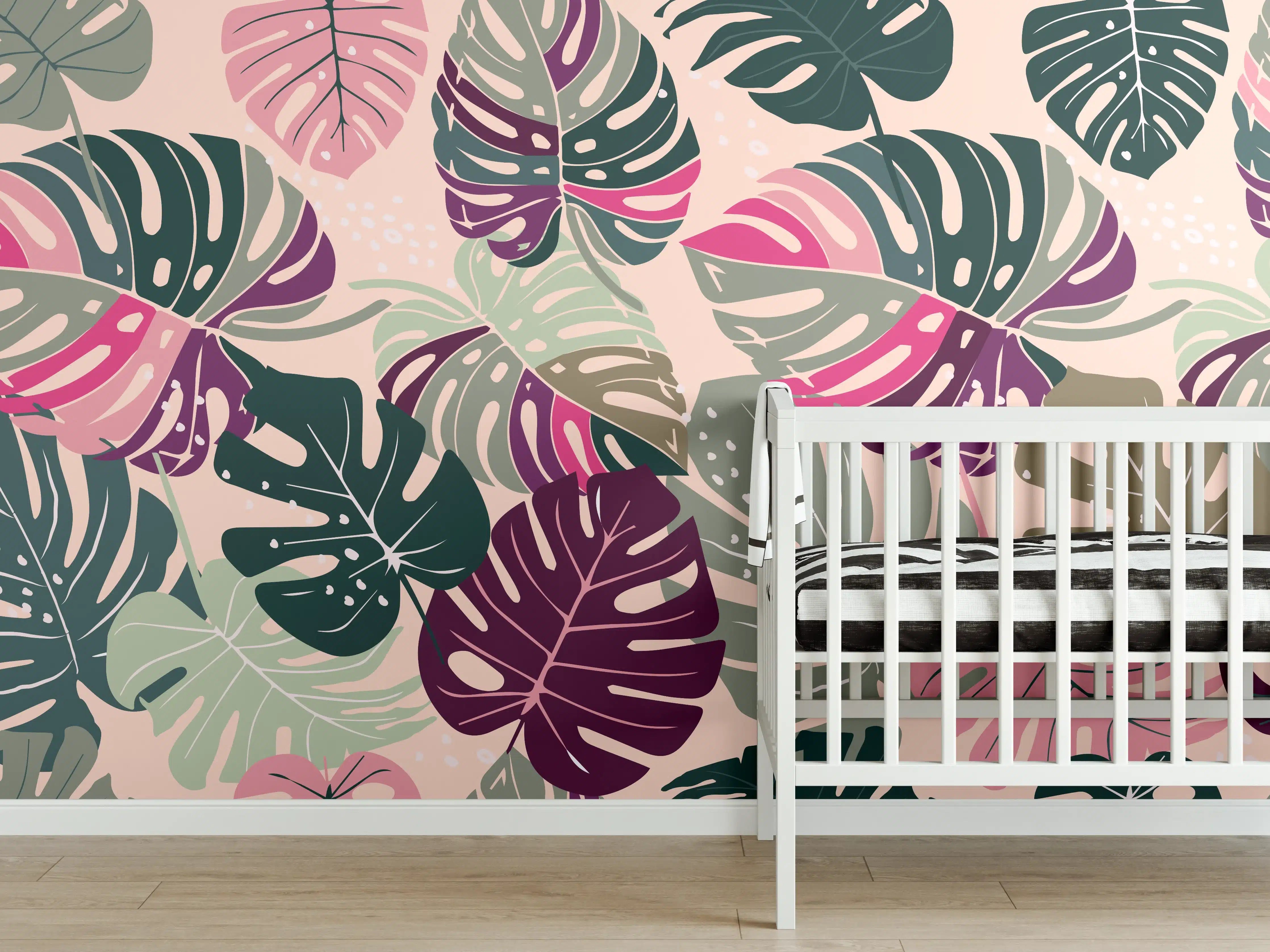 Babyzimmer Wandgestaltung - Monstera Tropic Rosa-Grün