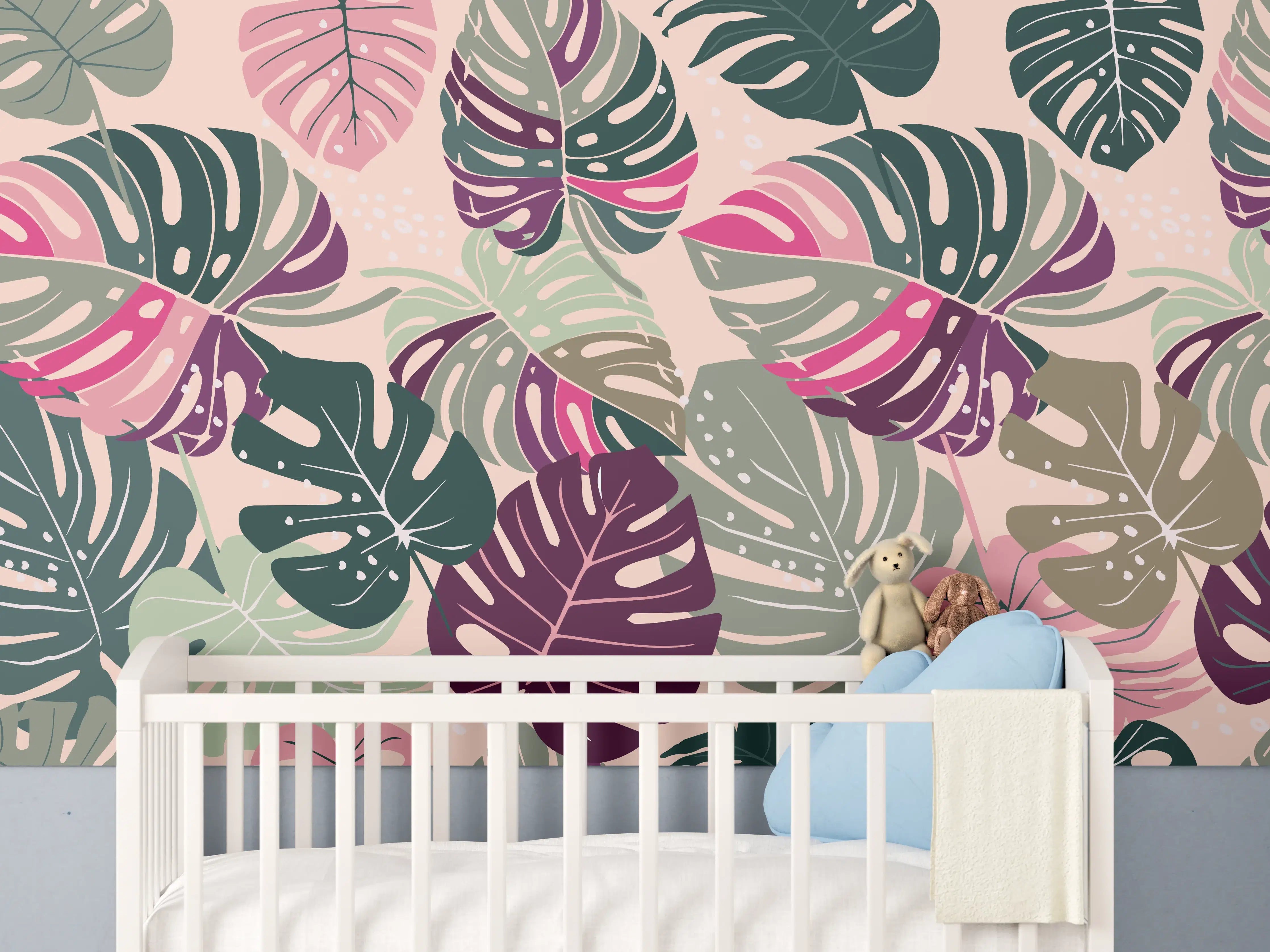Babyzimmer Wandgestaltung - Monstera Tropic Rosa-Grün