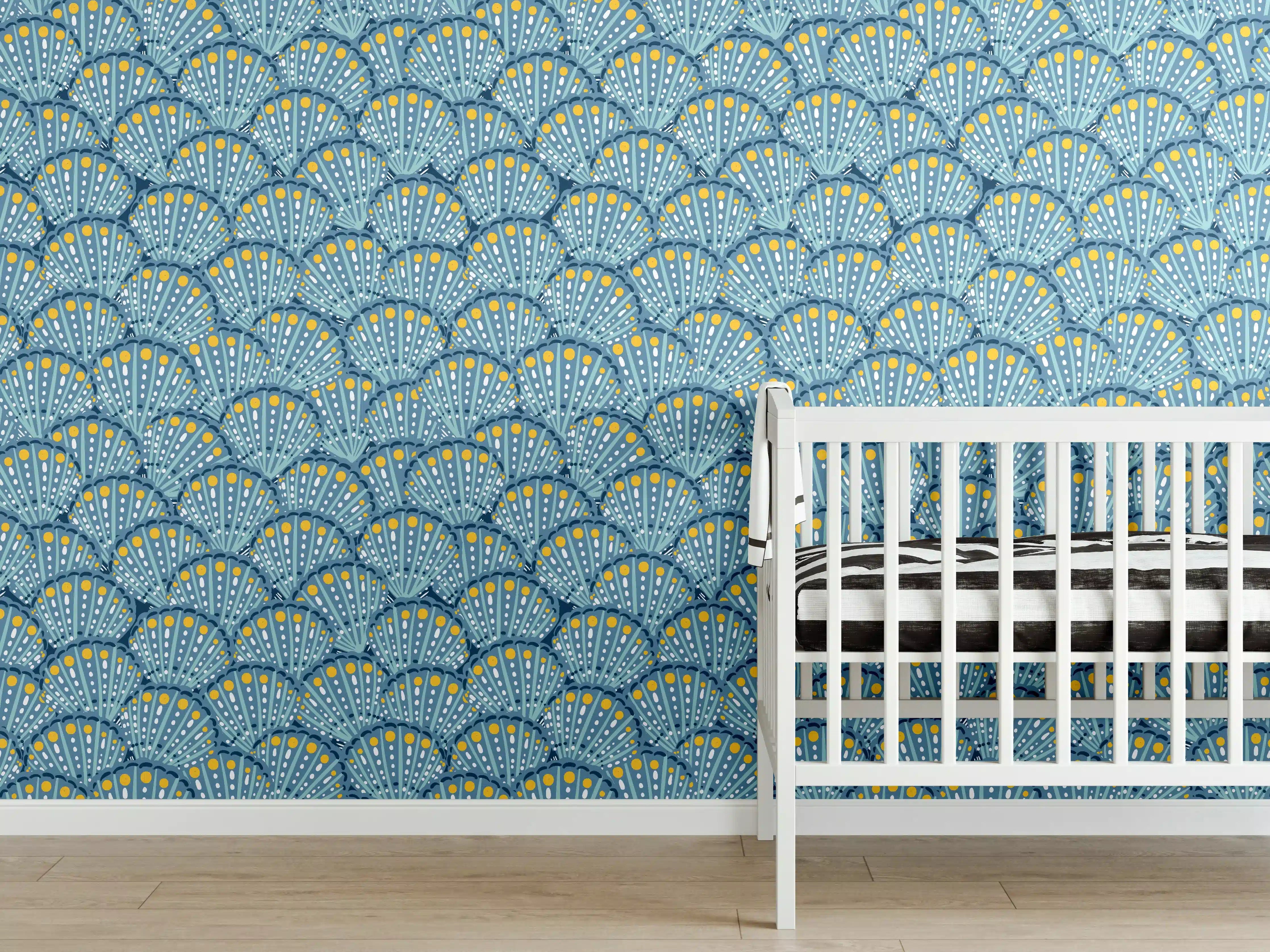 Babyzimmer Wandgestaltung - Muschel-Muster Blau-Gelb