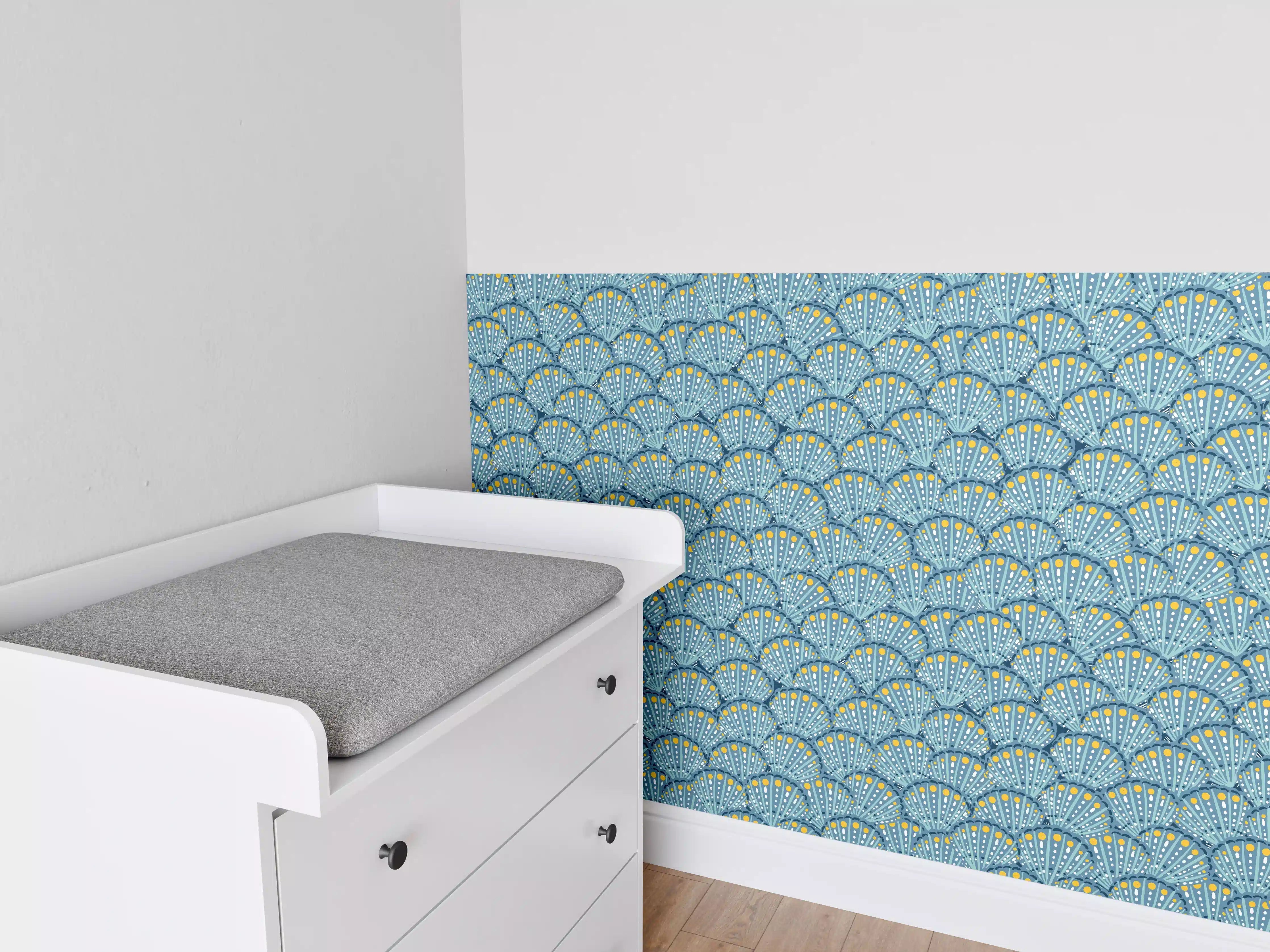 Babyzimmer Wandgestaltung - Muschel-Muster Blau-Gelb