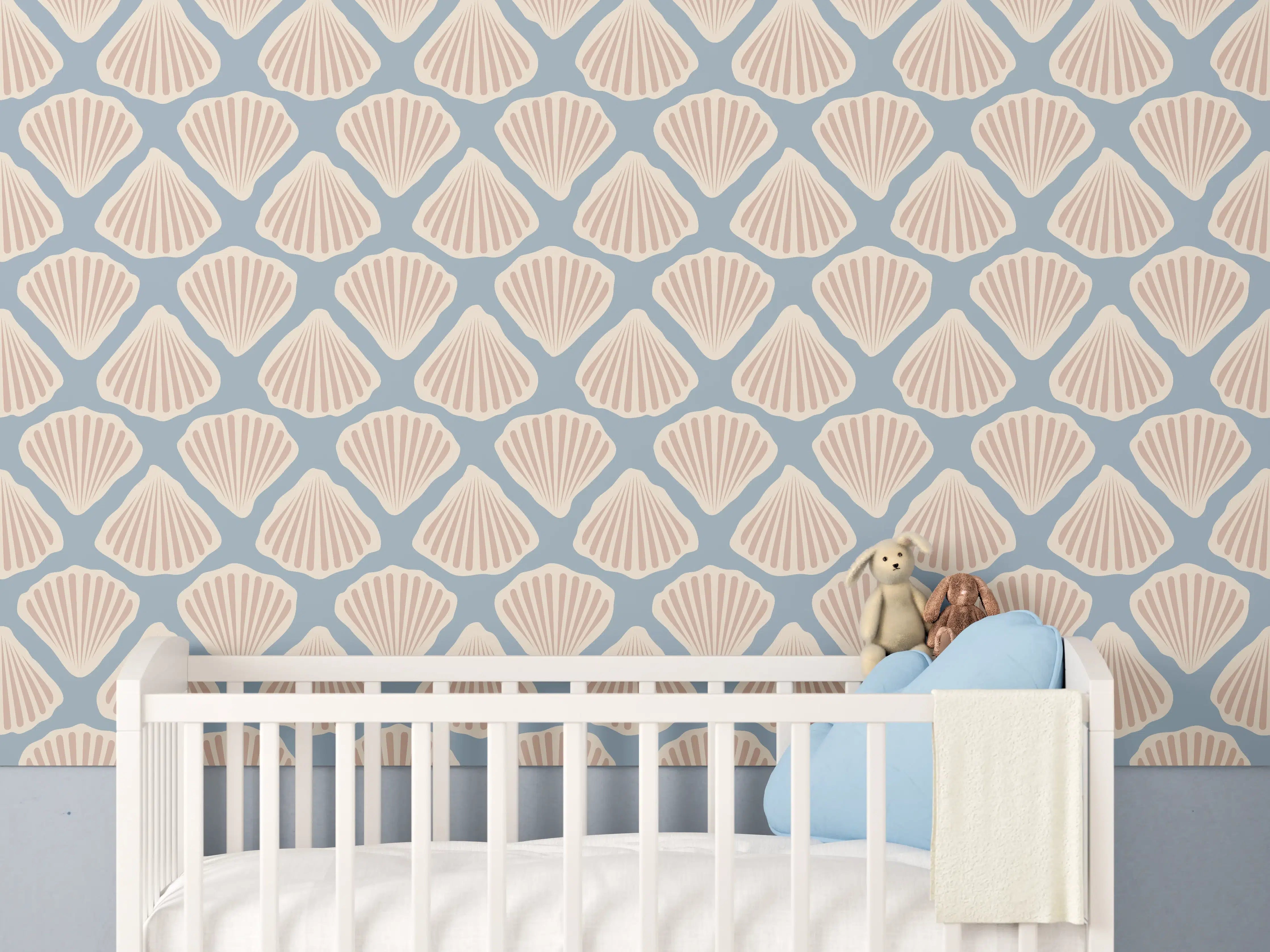 Babyzimmer Wandgestaltung - Muschel-Muster Türkis-Beige Tapete