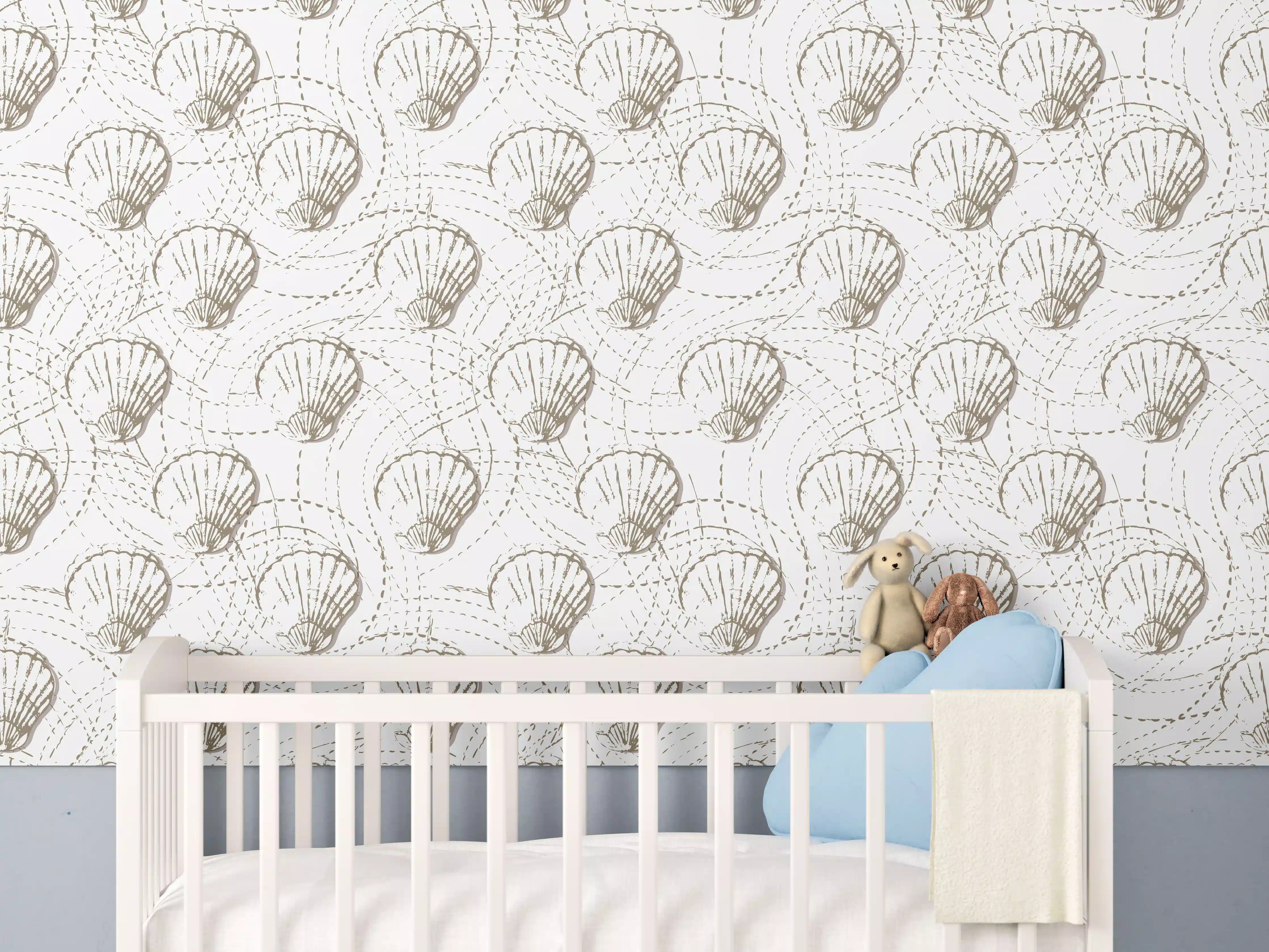 Babyzimmer Wandgestaltung - Muschel-Muster Weiß-Beige