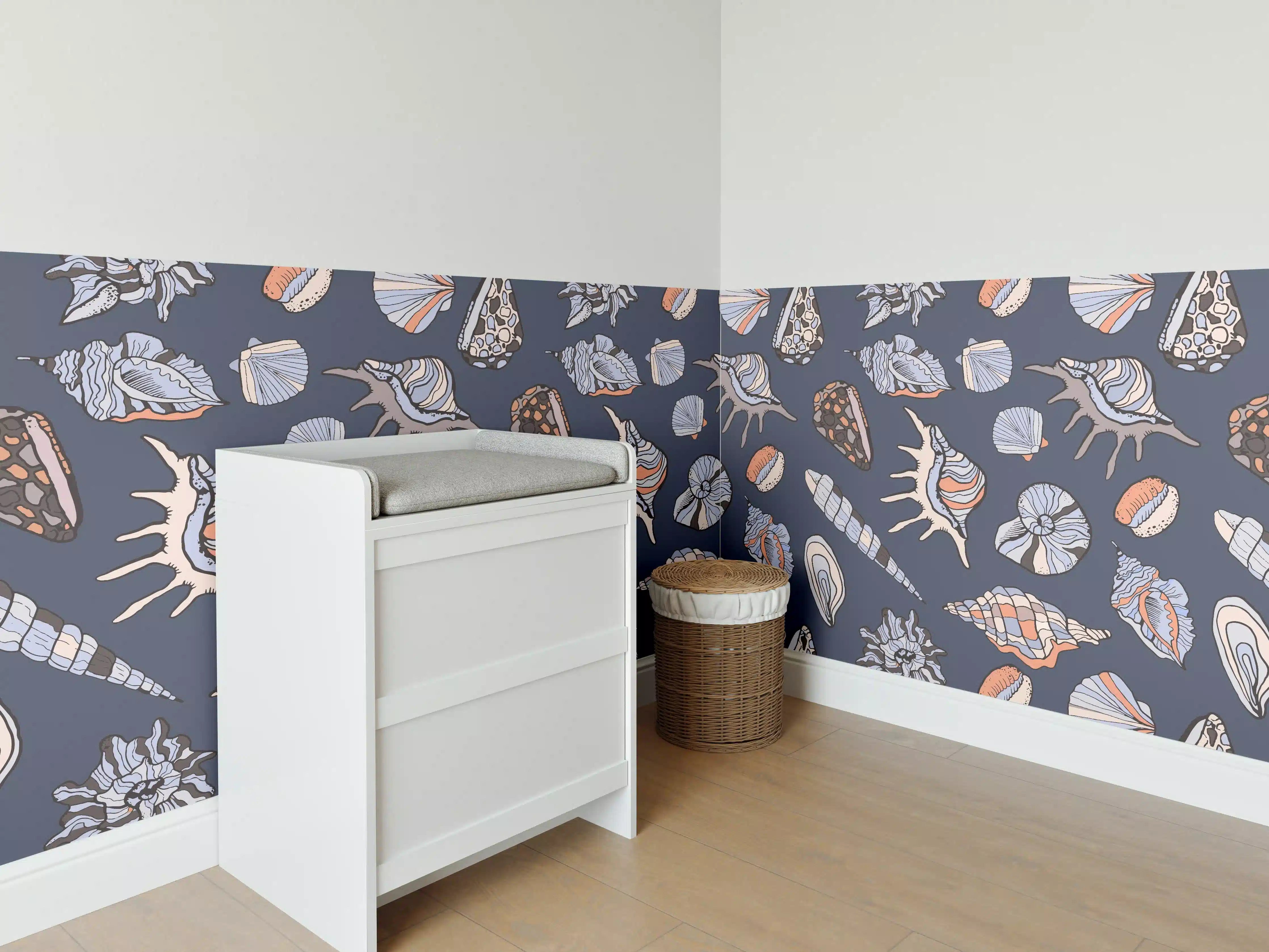 Babyzimmer Wandgestaltung - Muschelmuster Navy Beige Orange