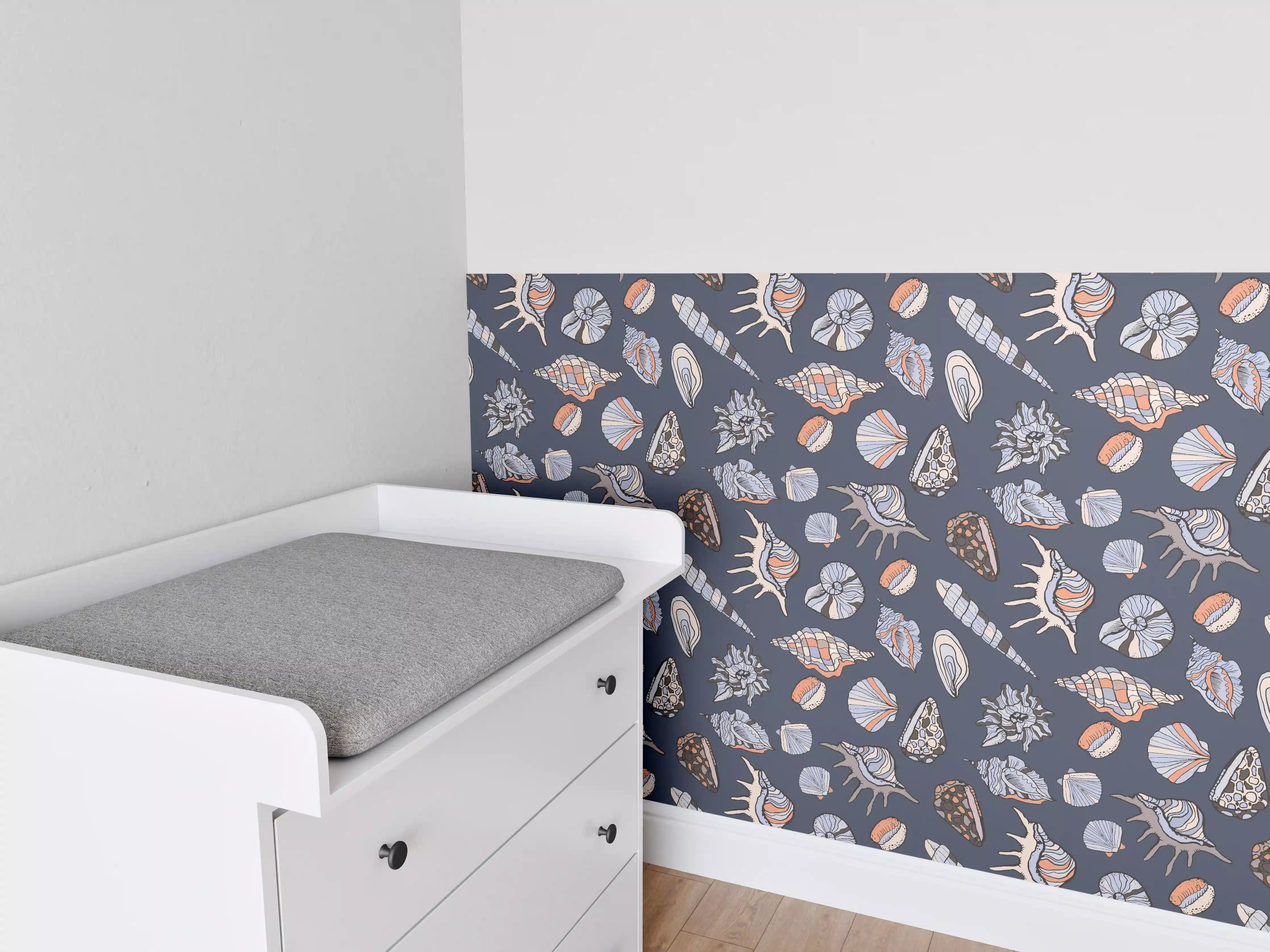 Babyzimmer Wandgestaltung - Muschelmuster Navy Beige Orange
