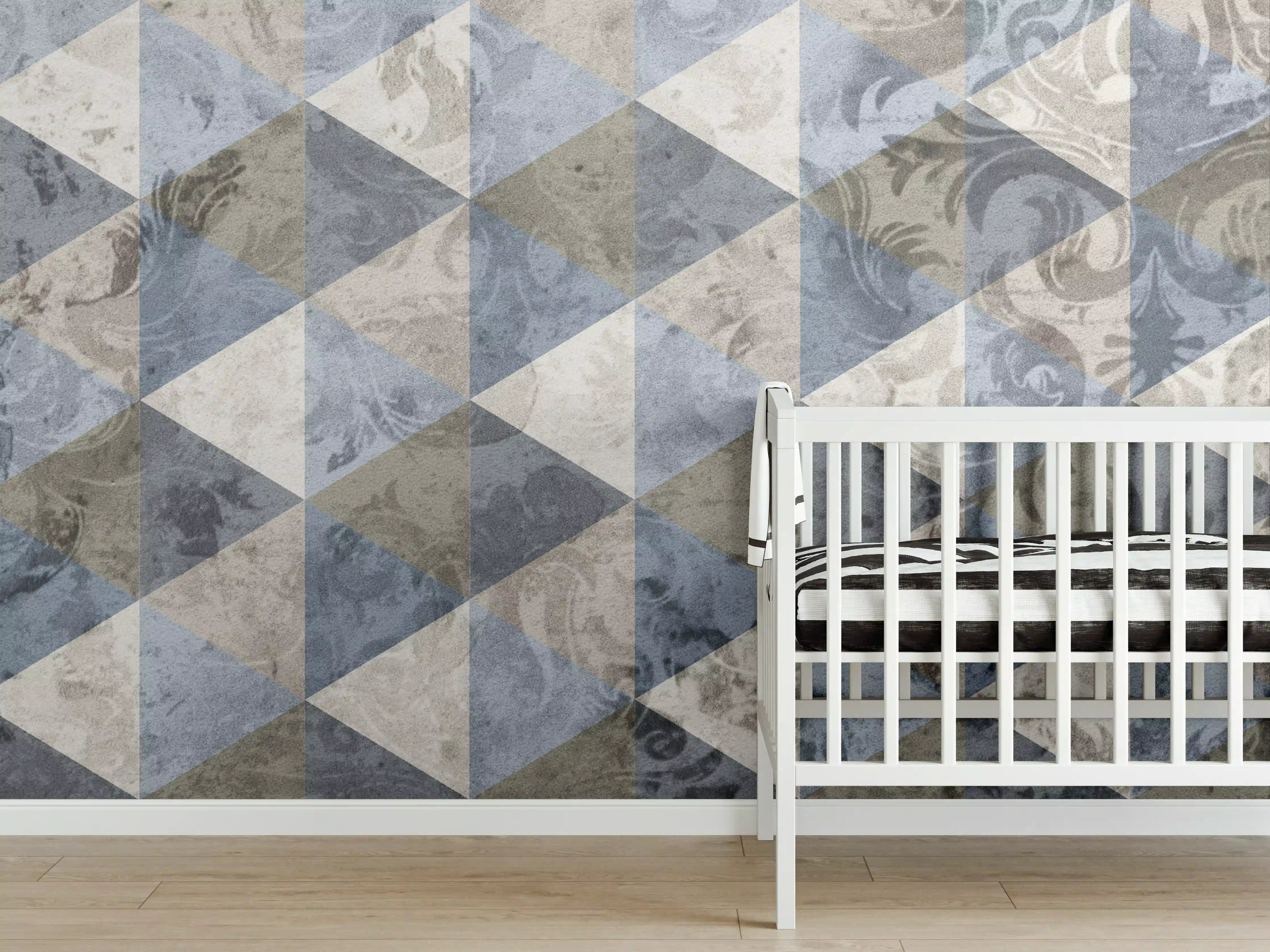 Babyzimmer Wandgestaltung - Muster aus geometrischen Formen in Blau- und Grautönen