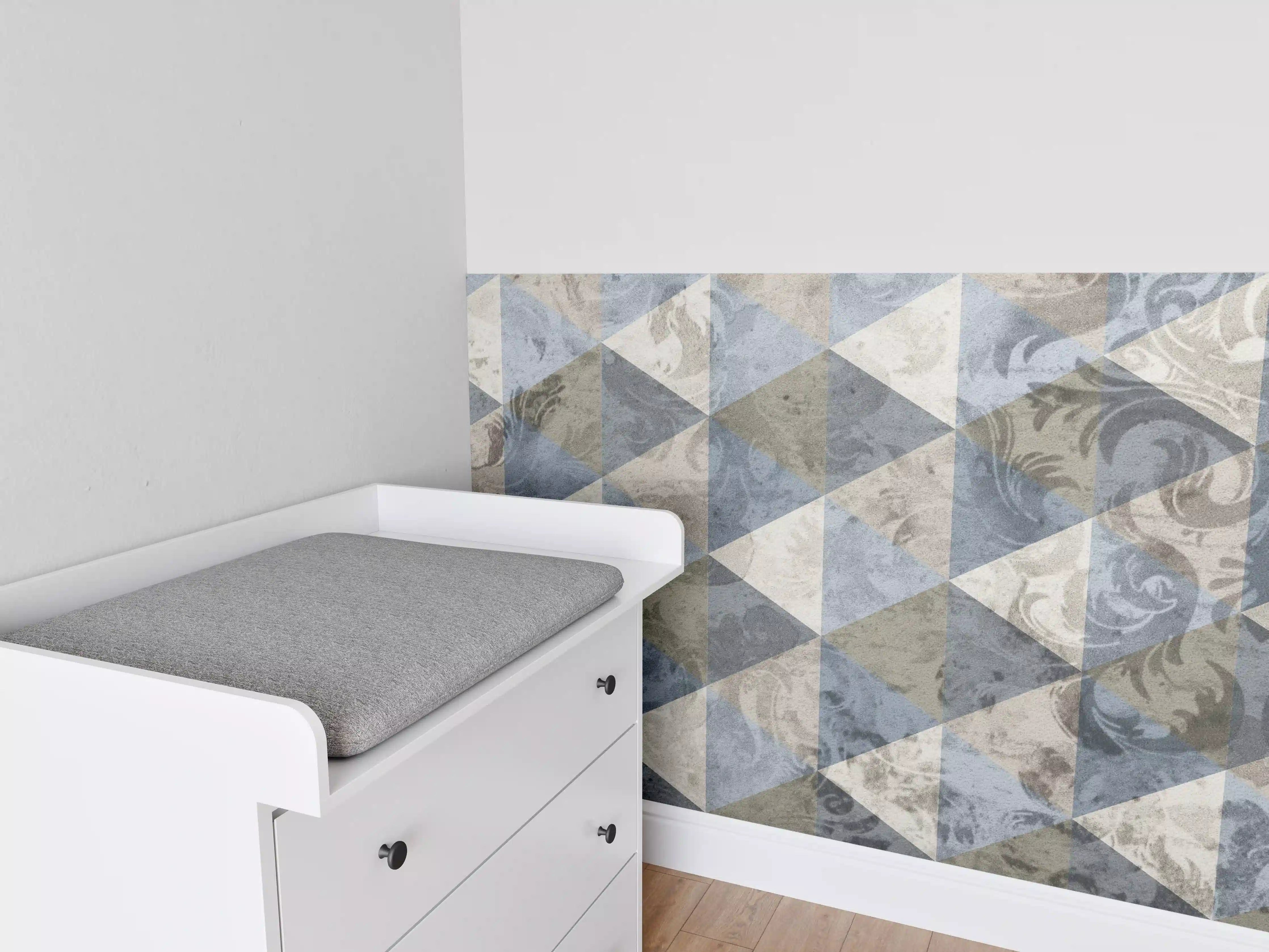 Babyzimmer Wandgestaltung - Muster aus geometrischen Formen in Blau- und Grautönen