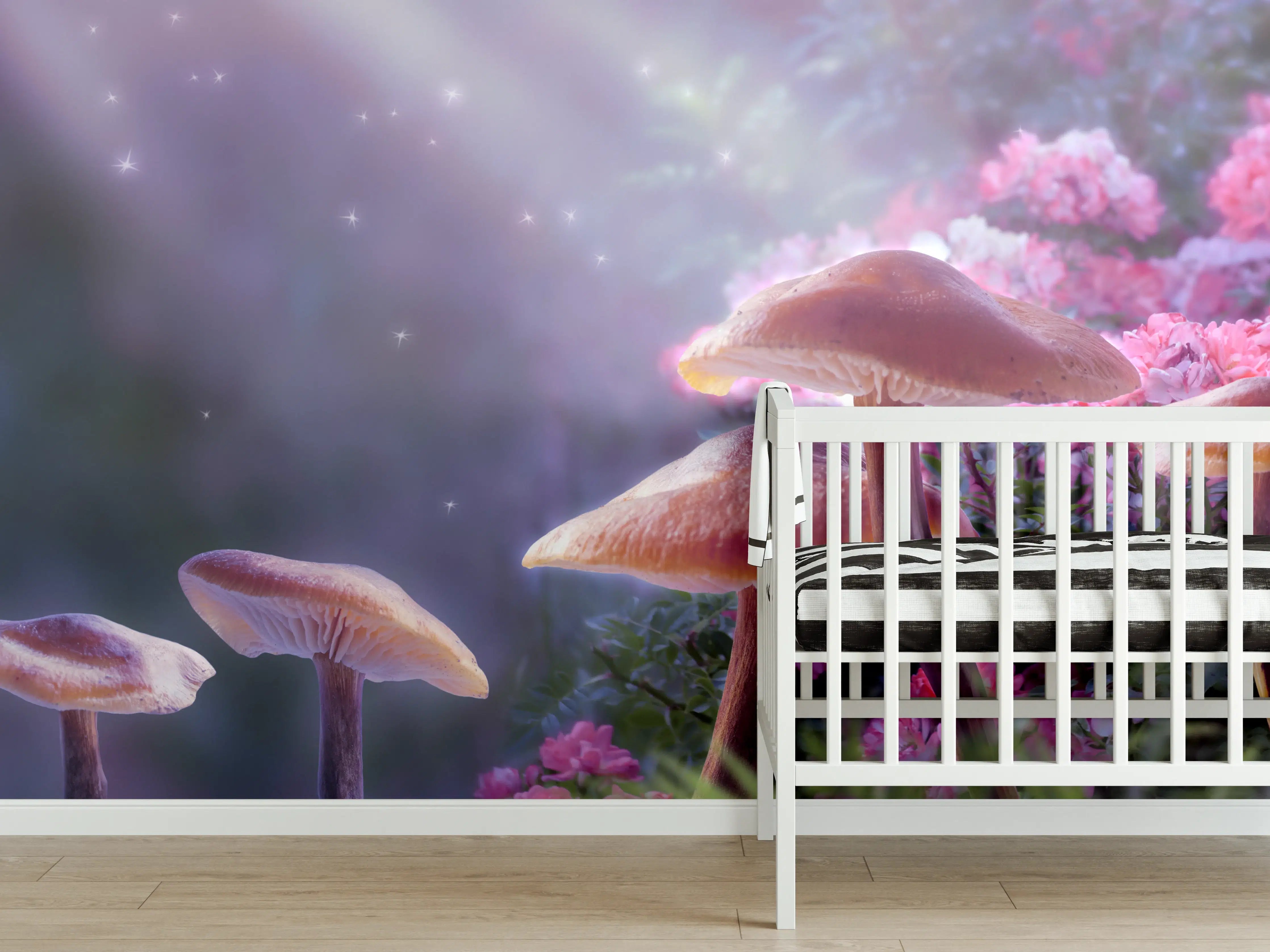 Babyzimmer Wandgestaltung - Mystische Pilz-Wiese mit Schmetterling