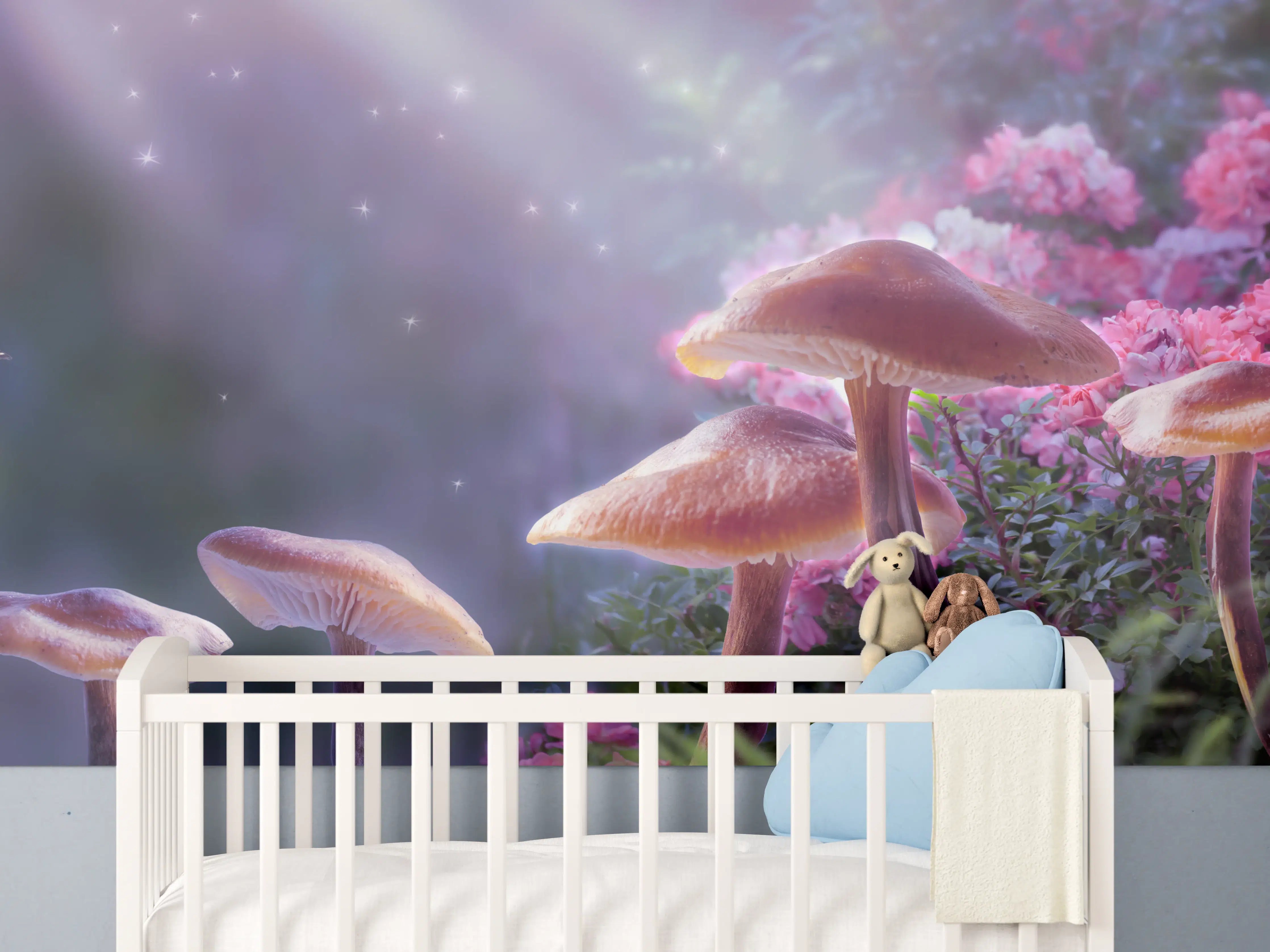 Babyzimmer Wandgestaltung - Mystische Pilz-Wiese mit Schmetterling