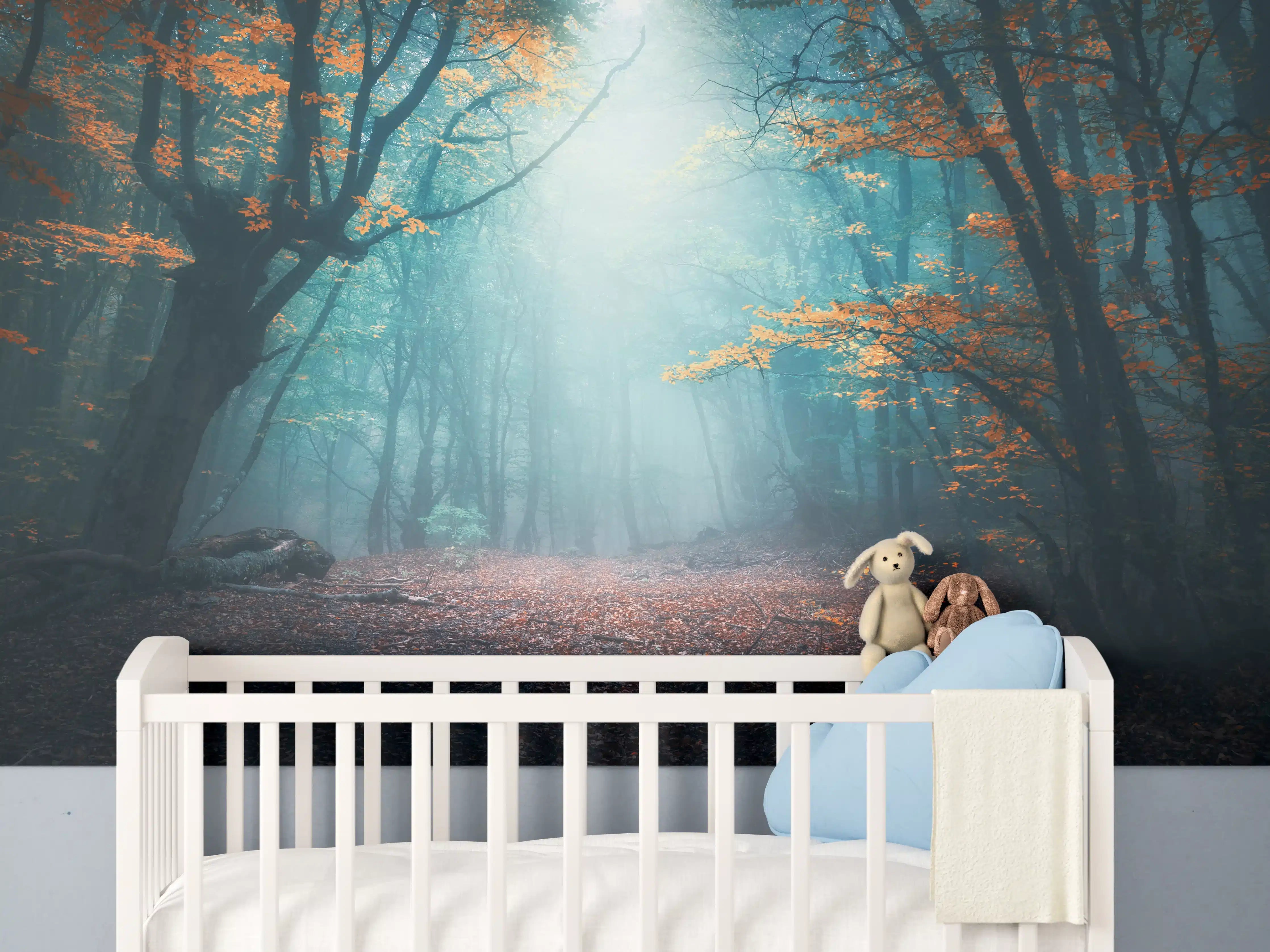 Babyzimmer Wandgestaltung - Mystischer Nebelwald im Morgenlicht
