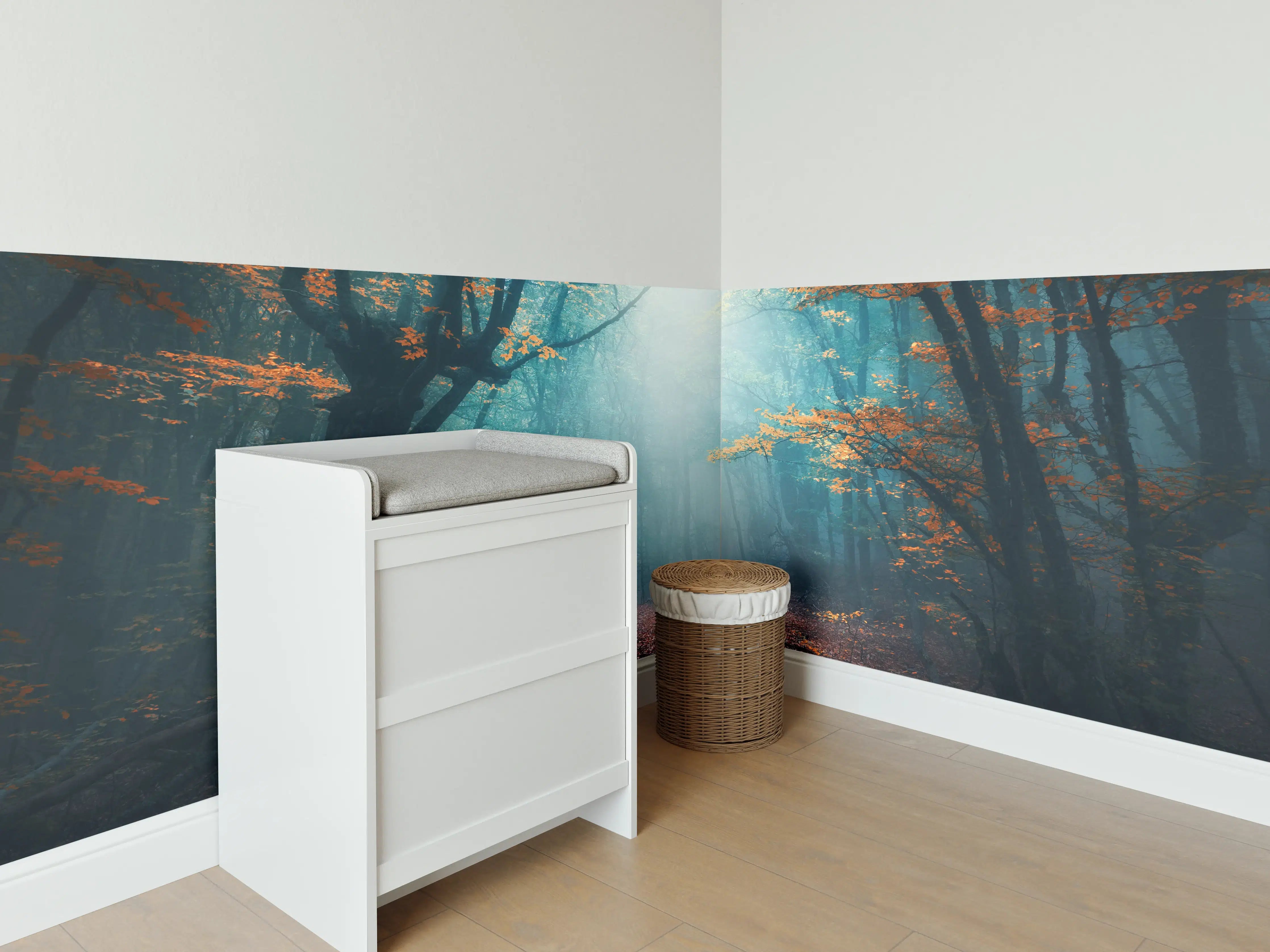 Babyzimmer Wandgestaltung - Mystischer Nebelwald im Morgenlicht