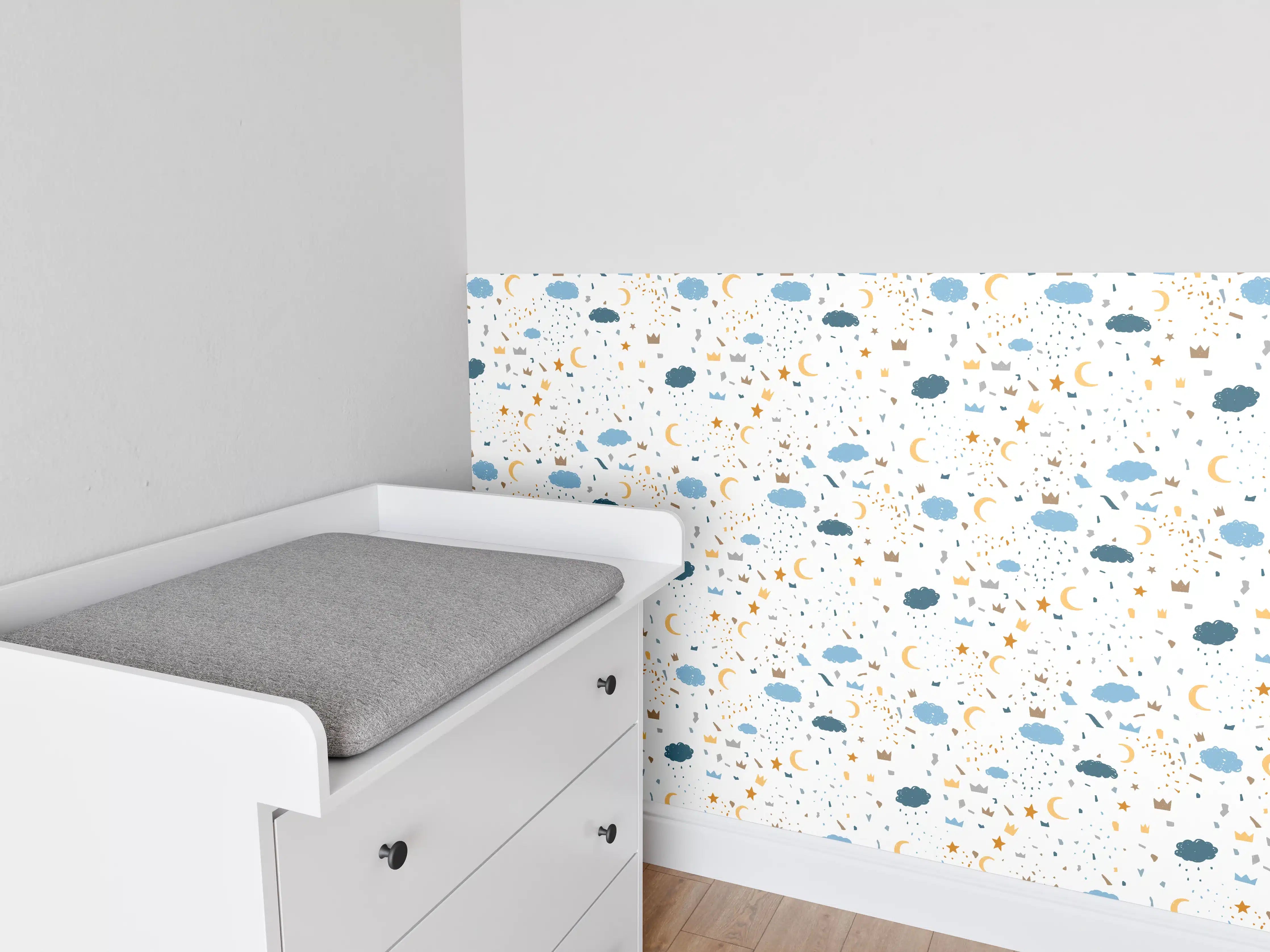 Babyzimmer Wandgestaltung - Nachthimmel mit Sternen und Mond in Blau und Gold