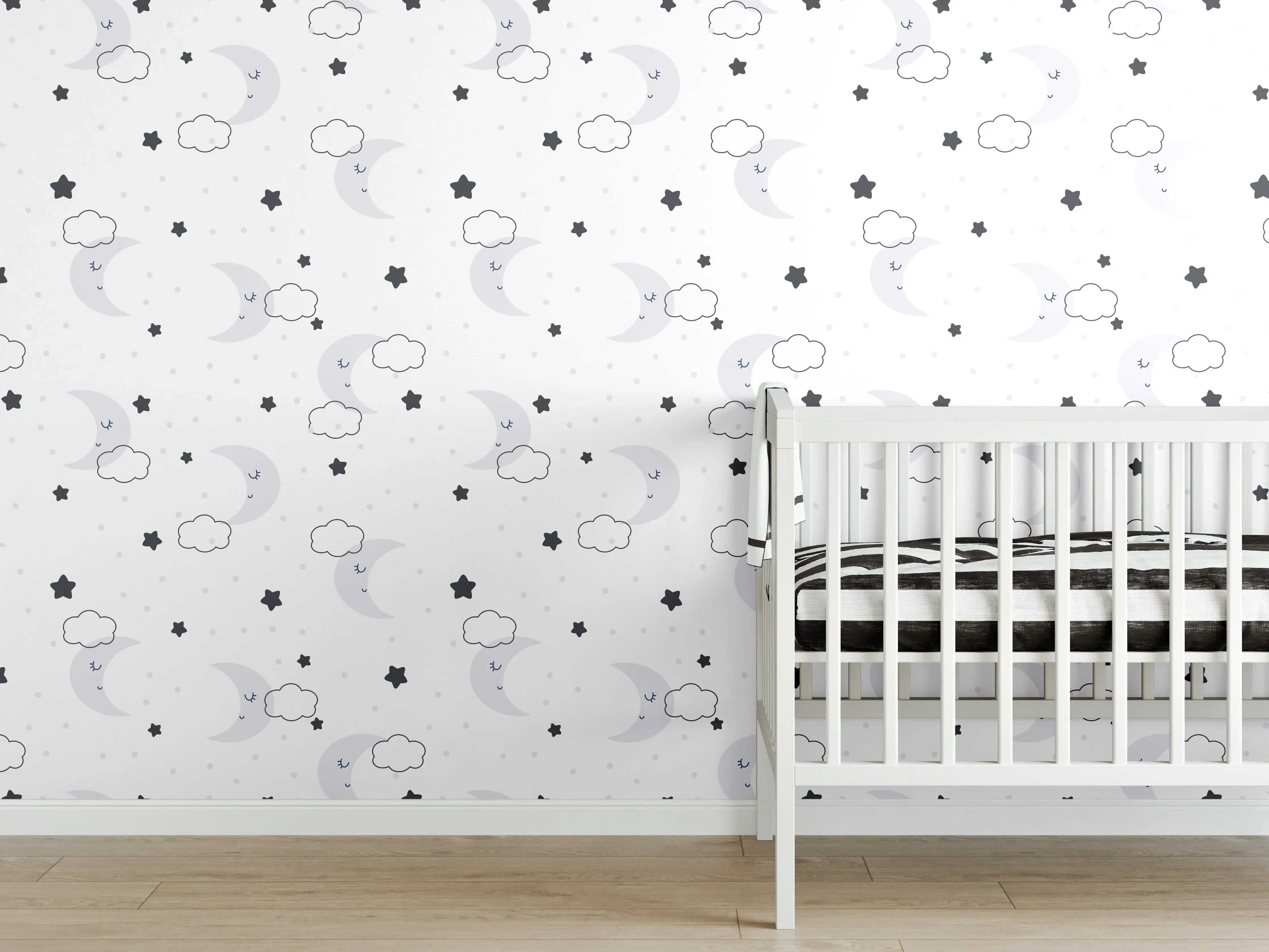 Babyzimmer Wandgestaltung - Nachtwolken und Sterne in sanften Grau- und Blautönen