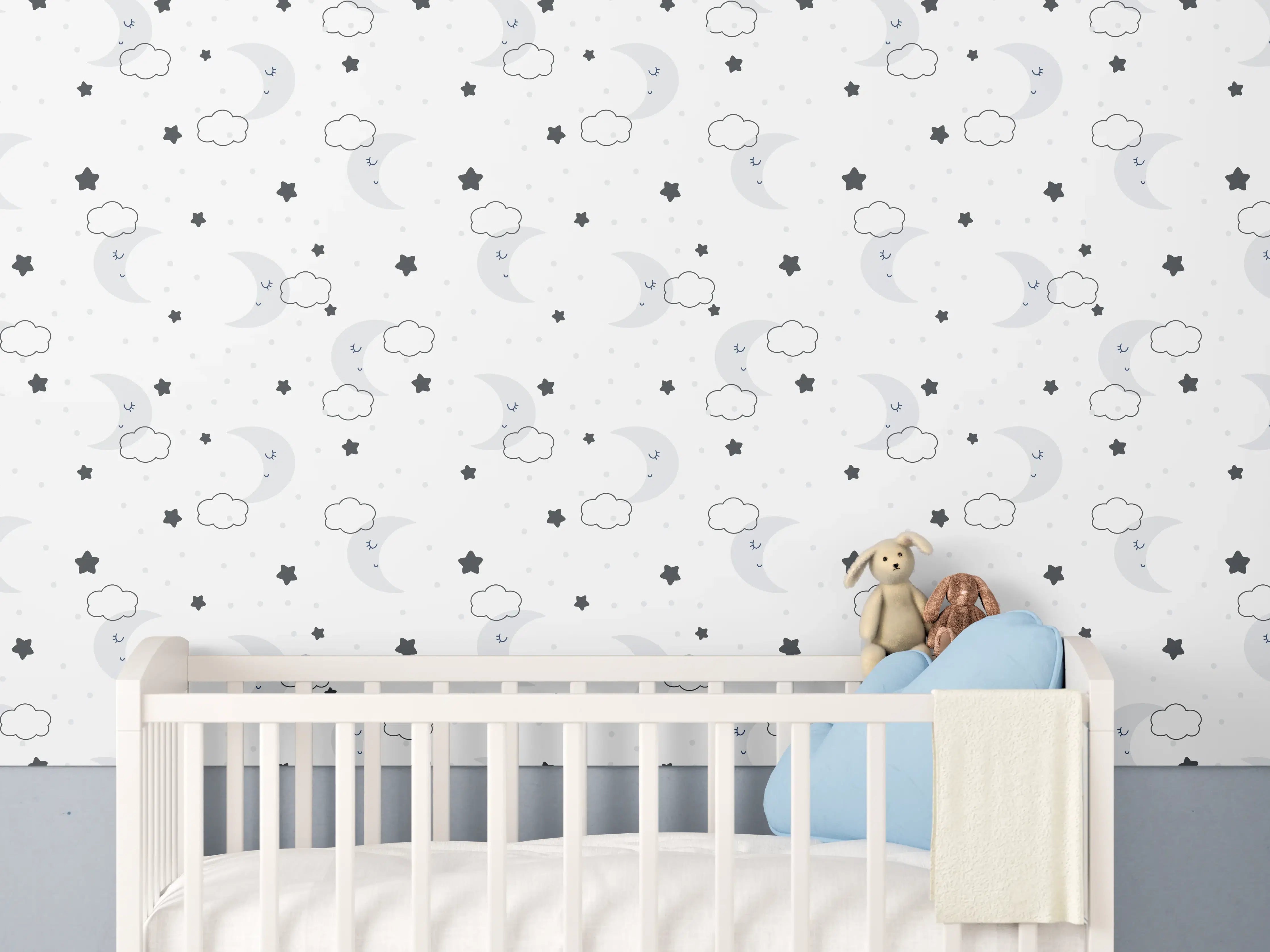 Babyzimmer Wandgestaltung - Nachtwolken und Sterne in sanften Grau- und Blautönen