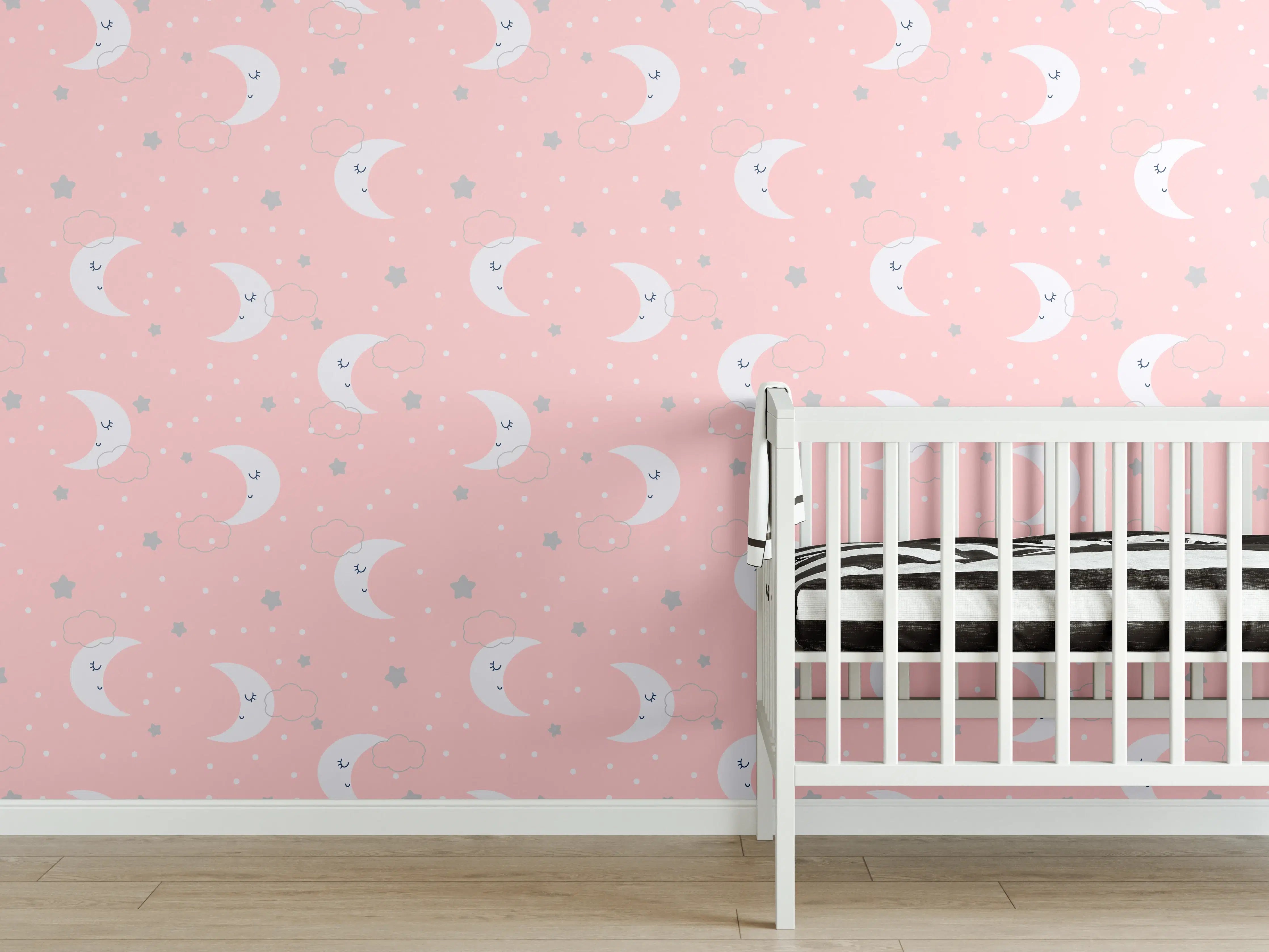 Babyzimmer Wandgestaltung - Nächtliche Mondmotive auf rosa Hintergrund