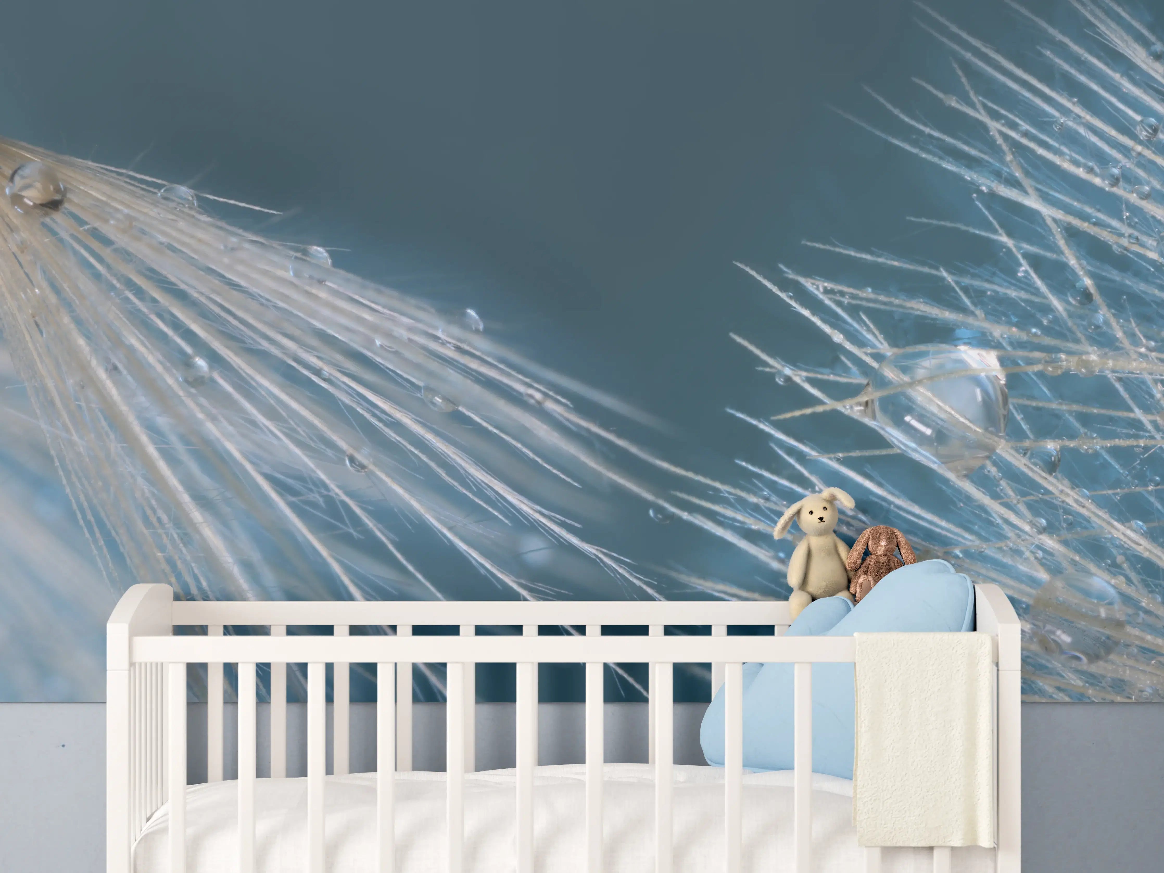 Babyzimmer Wandgestaltung - Nahaufnahme von Pusteblumen mit Tautropfen