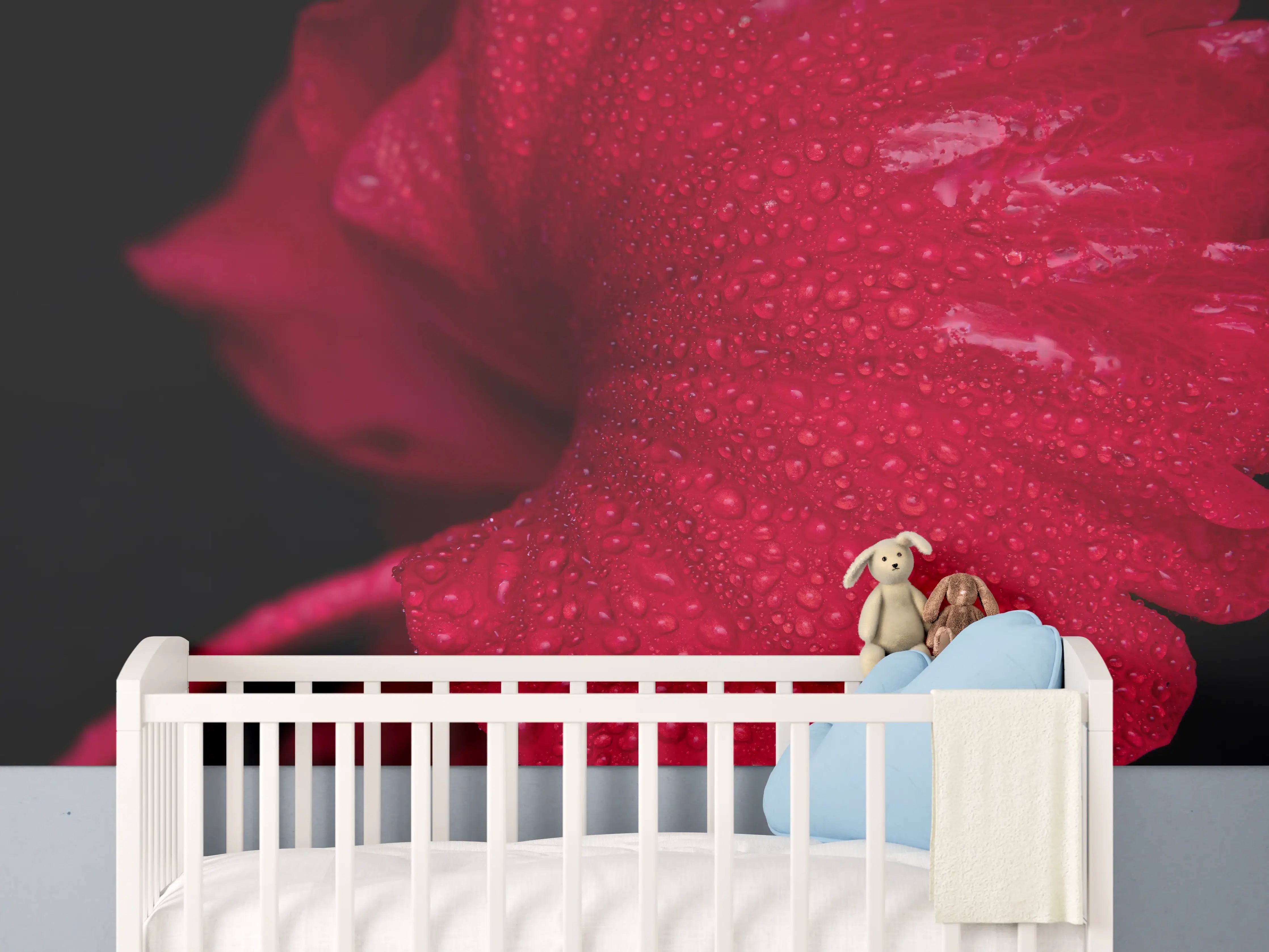 Babyzimmer Wandgestaltung - Nahaufnahme von rötlicher Frühlingsblume mit Regentropfen