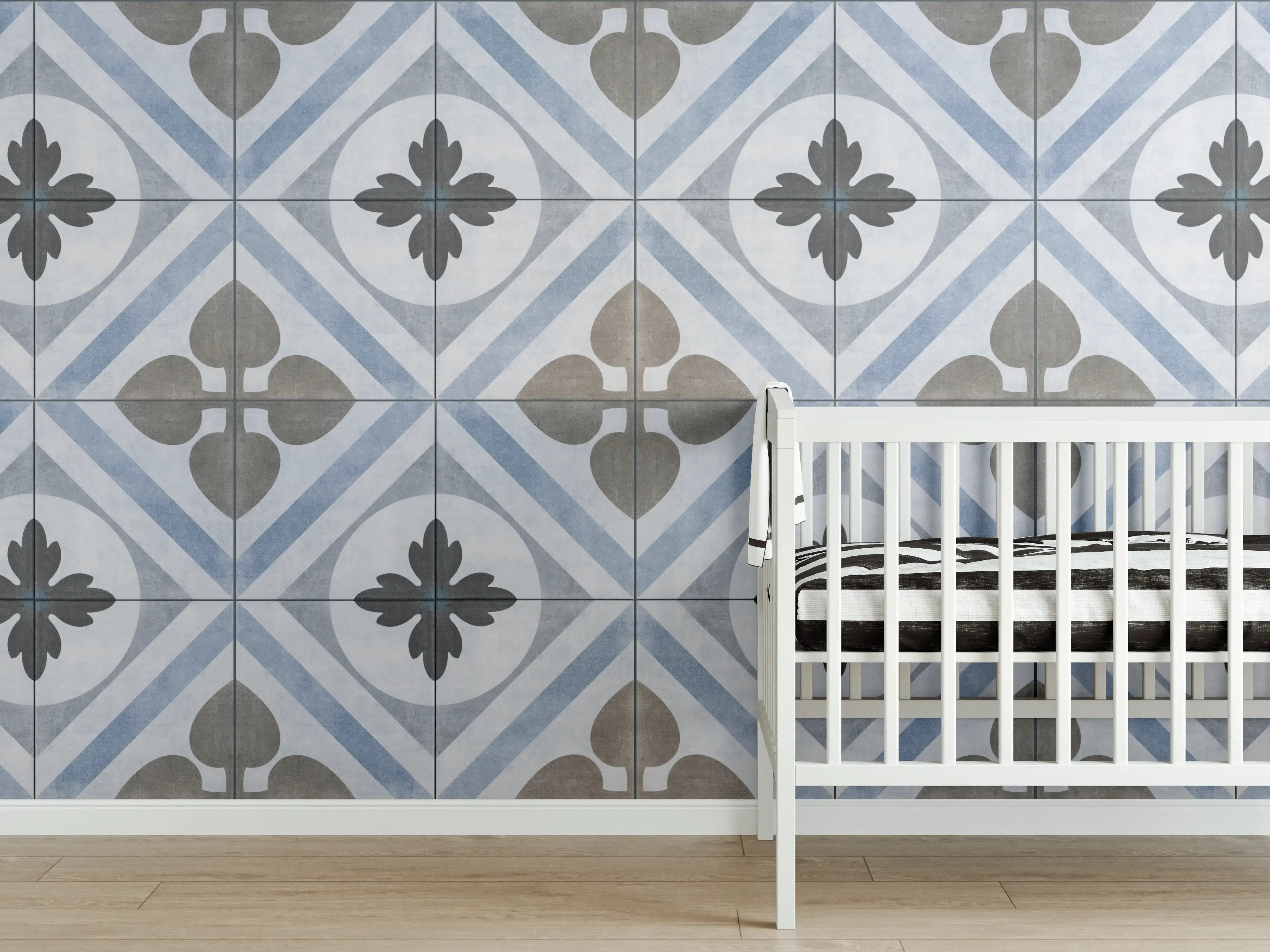 Babyzimmer Wandgestaltung - Nahtlose blau weiß graue vintage Fliesen