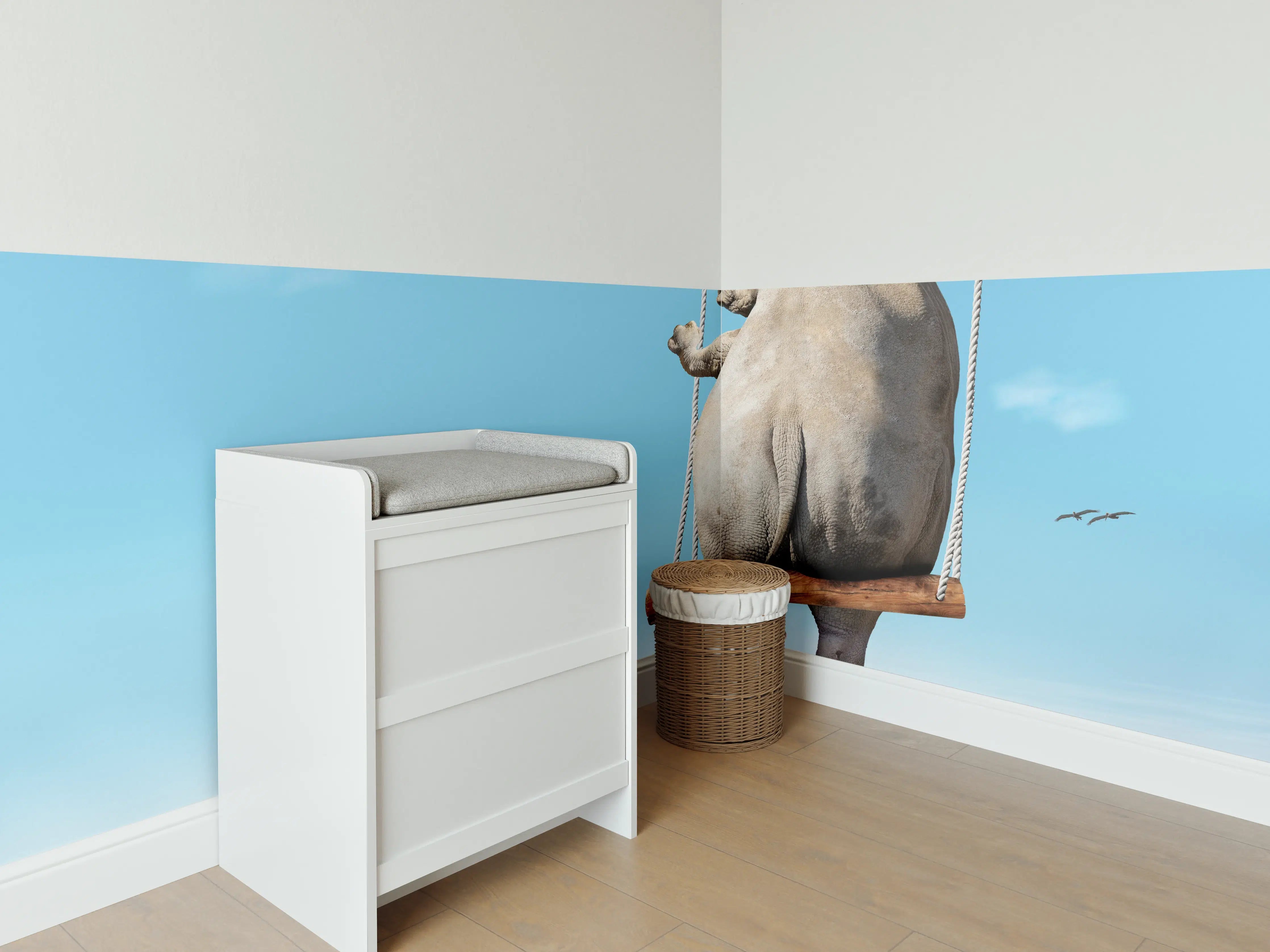 Babyzimmer Wandgestaltung - Nashorn schaukelt über den Wolken