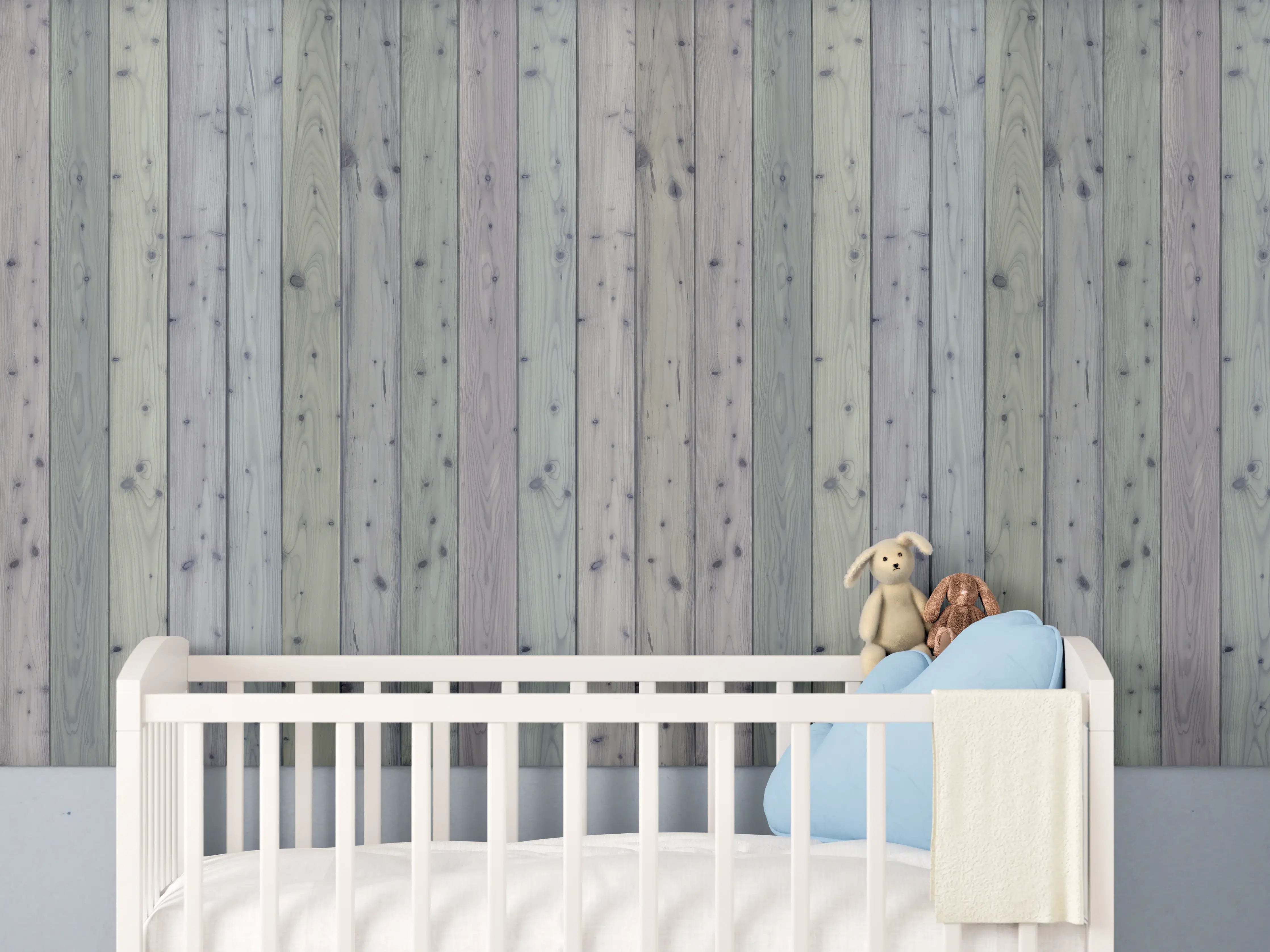 Babyzimmer Wandgestaltung - Natürliche Holzoptik in Pastellfarben