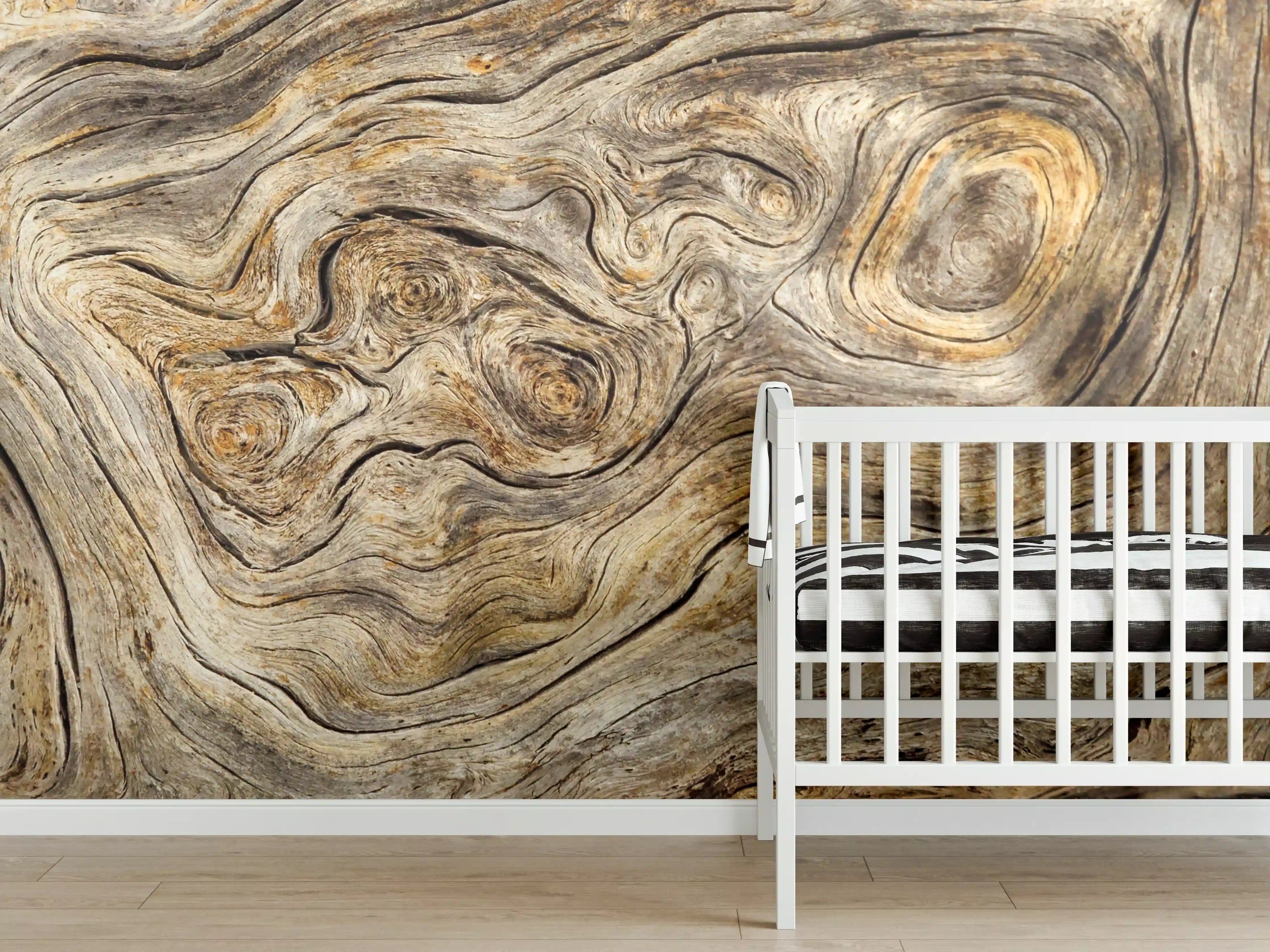 Babyzimmer Wandgestaltung - Naturholz-Muster in warmen Tönen