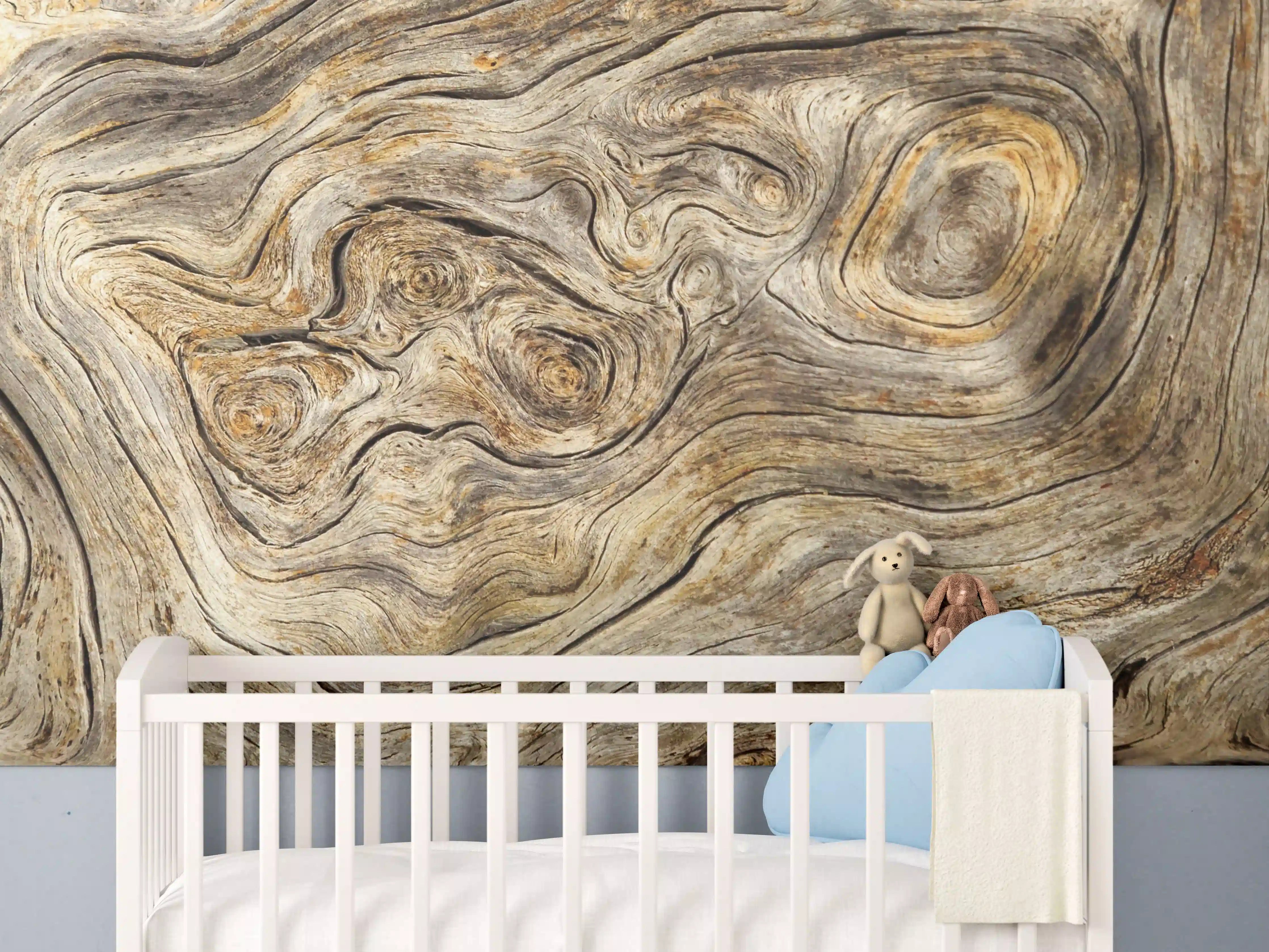 Babyzimmer Wandgestaltung - Naturholz-Muster in warmen Tönen