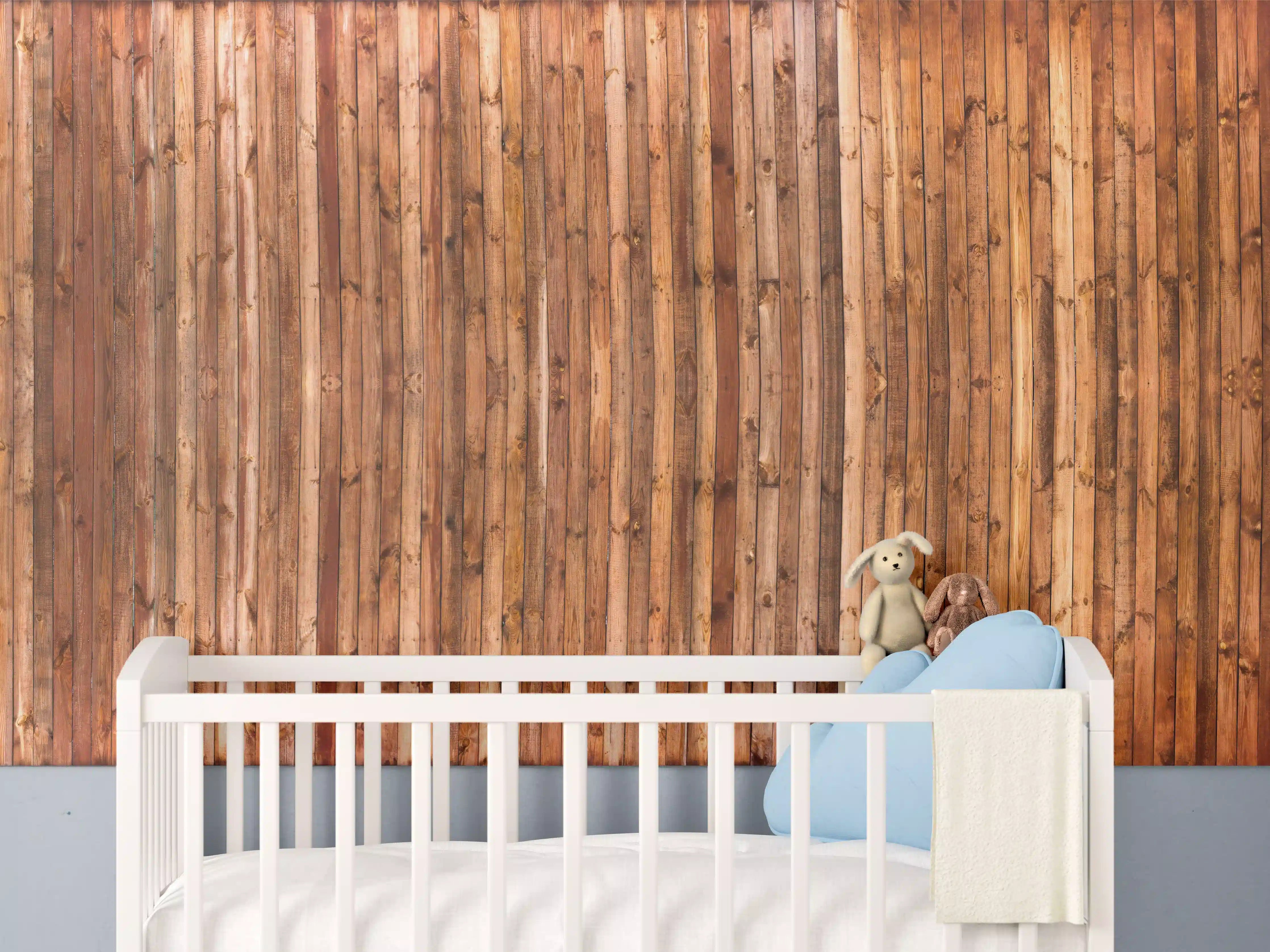 Babyzimmer Wandgestaltung - Naturholz in warmen Brauntönen